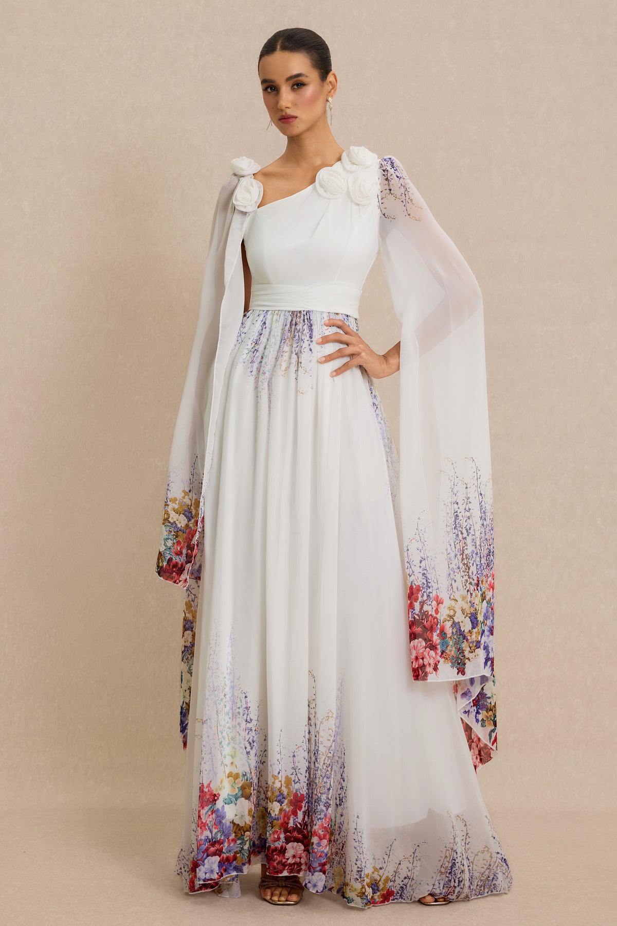 3D Flower Floral Cape Sleeve Maxi Dress