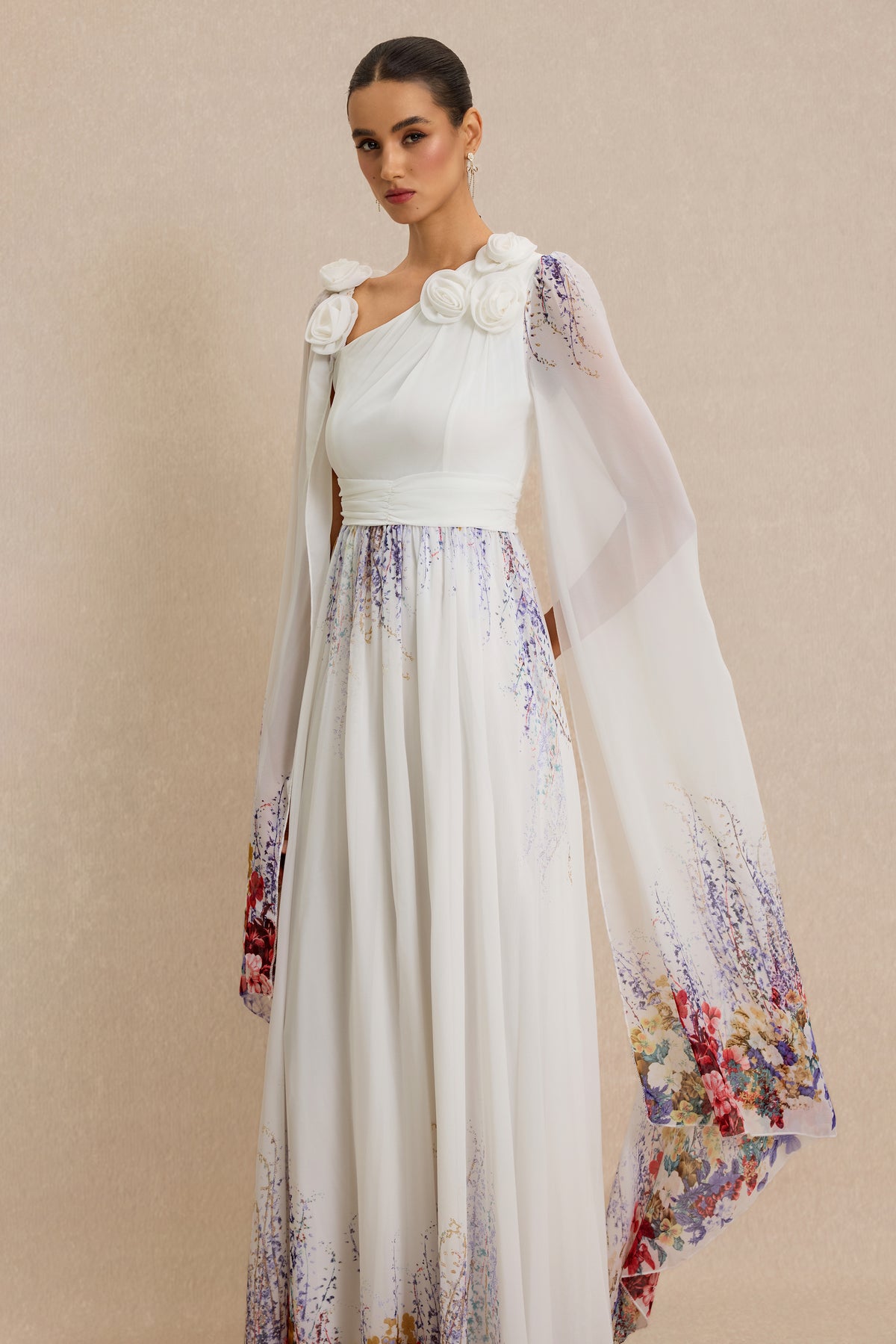 3D Flower Floral Cape Sleeve Maxi Dress