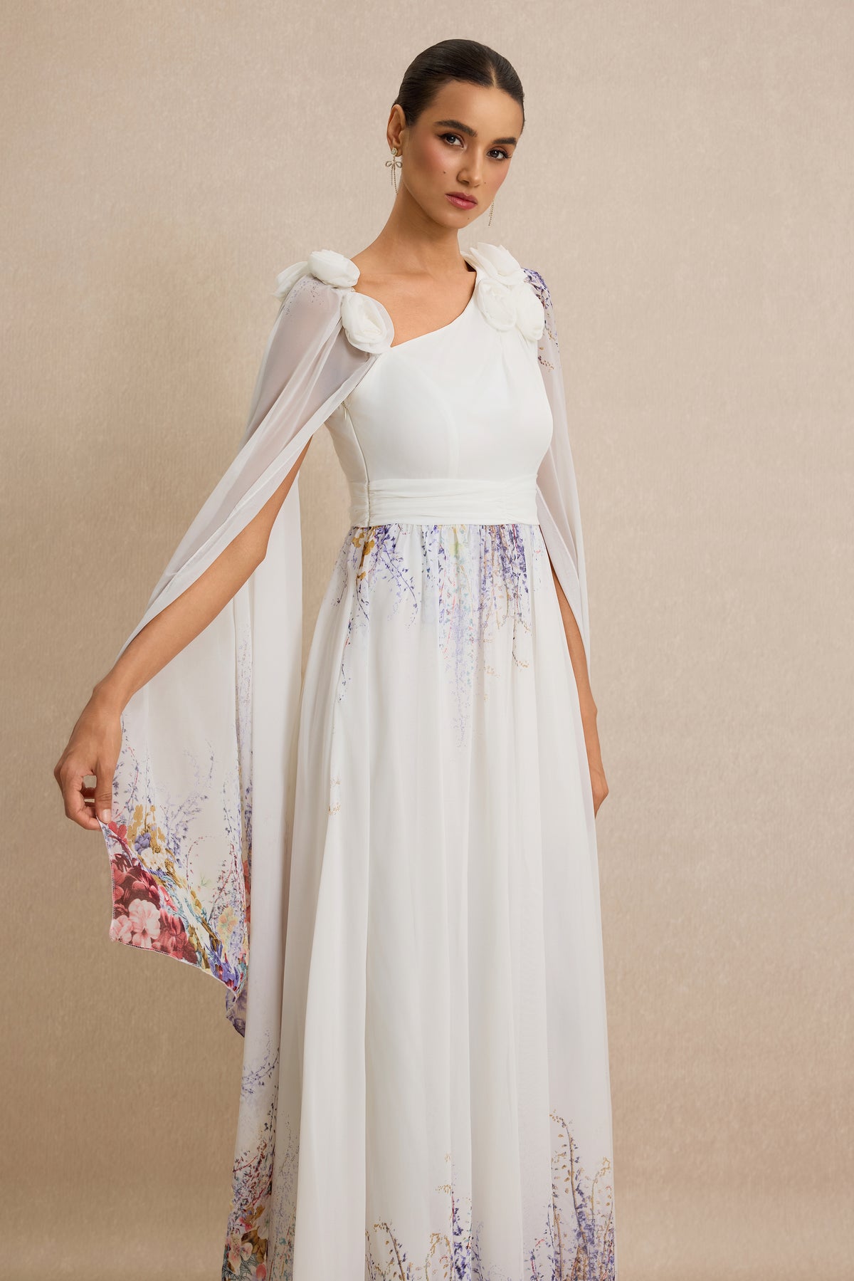3D Flower Floral Cape Sleeve Maxi Dress