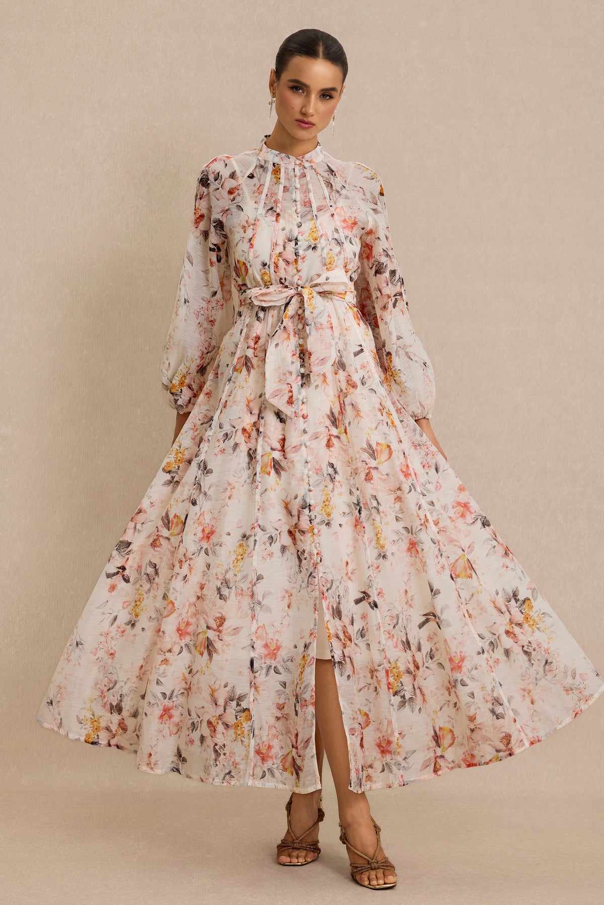 Floral Raglan Sleeve Single Breasted Midi Dress