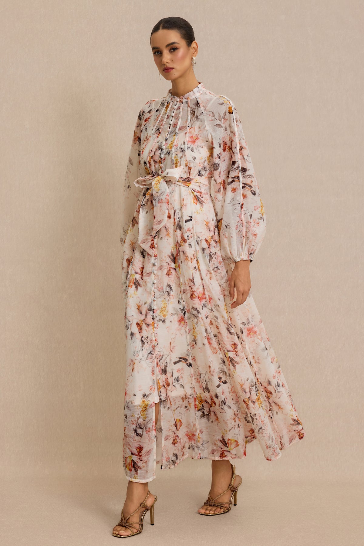 Floral Raglan Sleeve Single Breasted Midi Dress