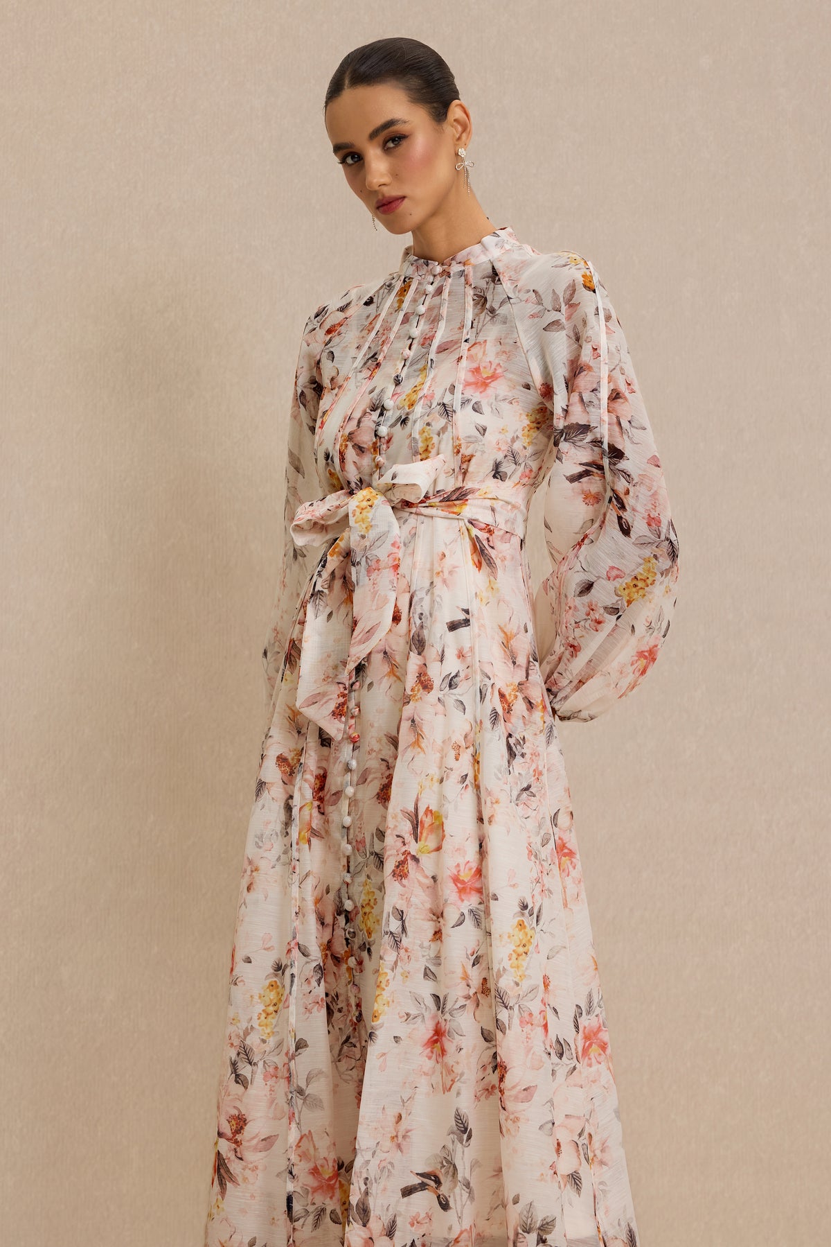 Floral Raglan Sleeve Single Breasted Midi Dress
