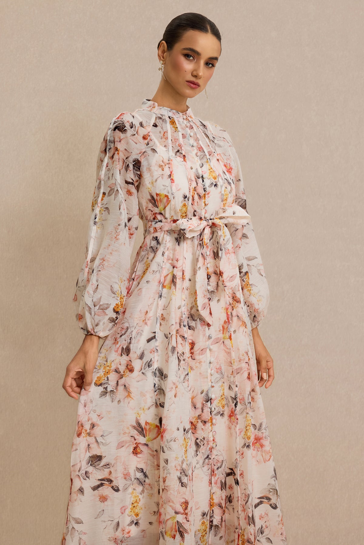 Floral Raglan Sleeve Single Breasted Midi Dress