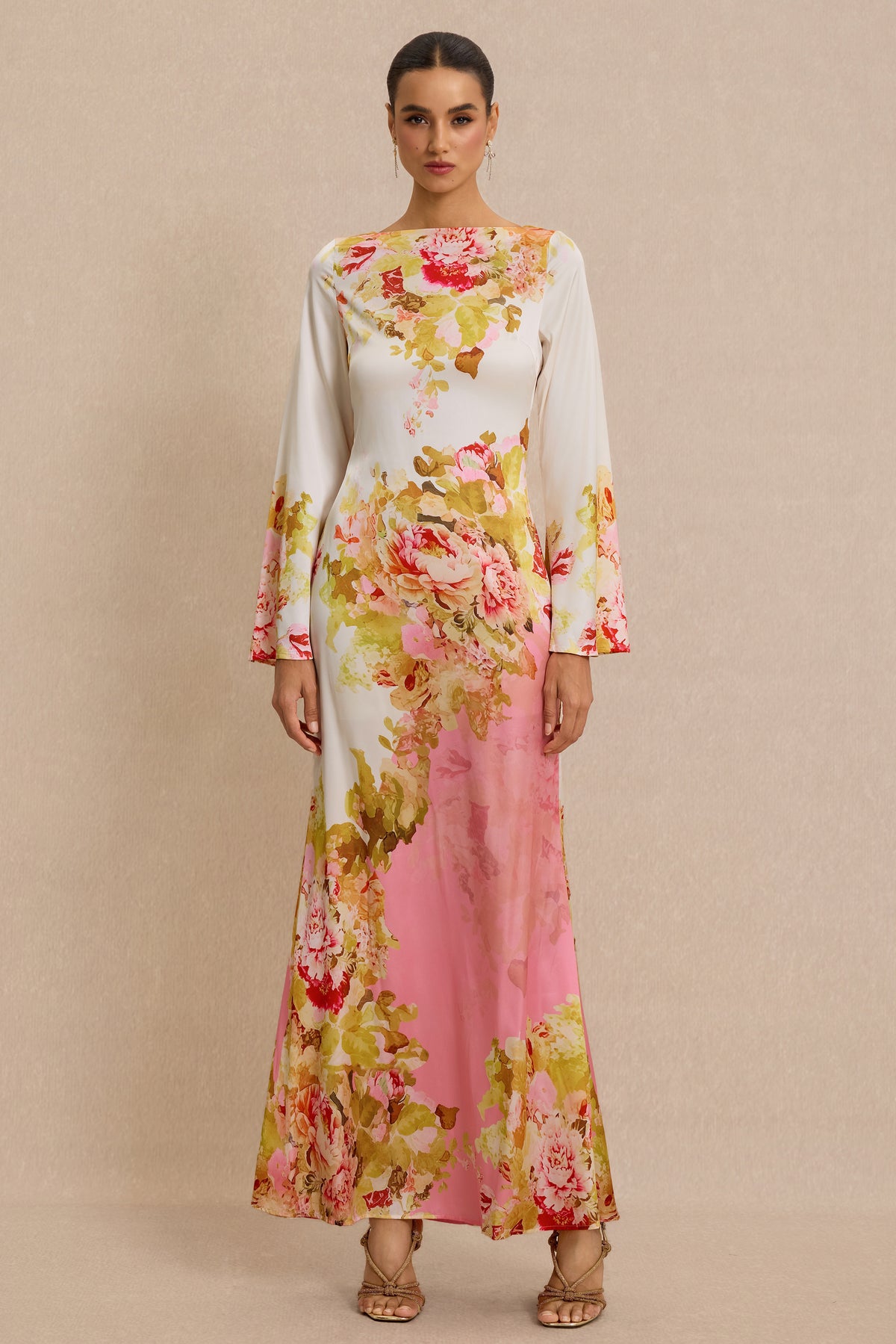 Floral Bell Sleeve Boat Neck Maxi Dress