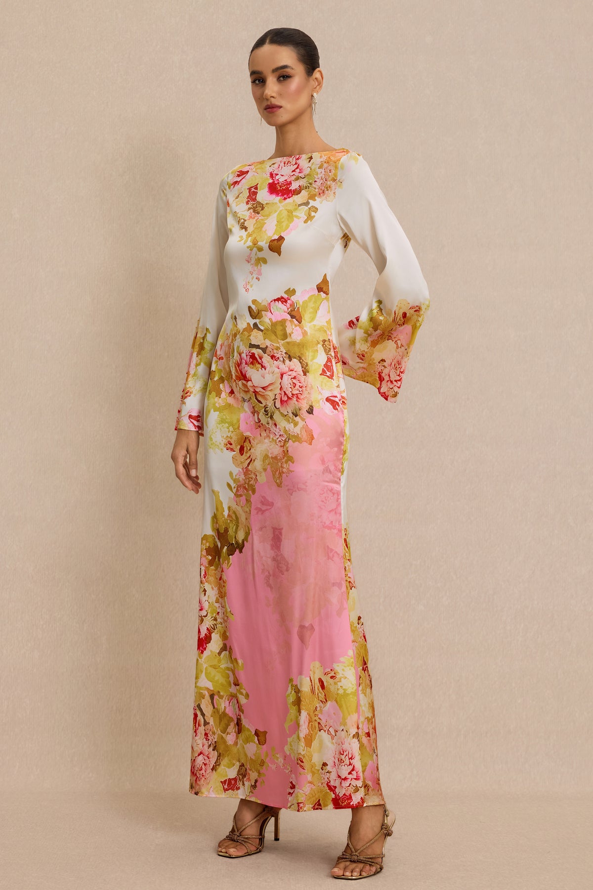 Floral Bell Sleeve Boat Neck Maxi Dress
