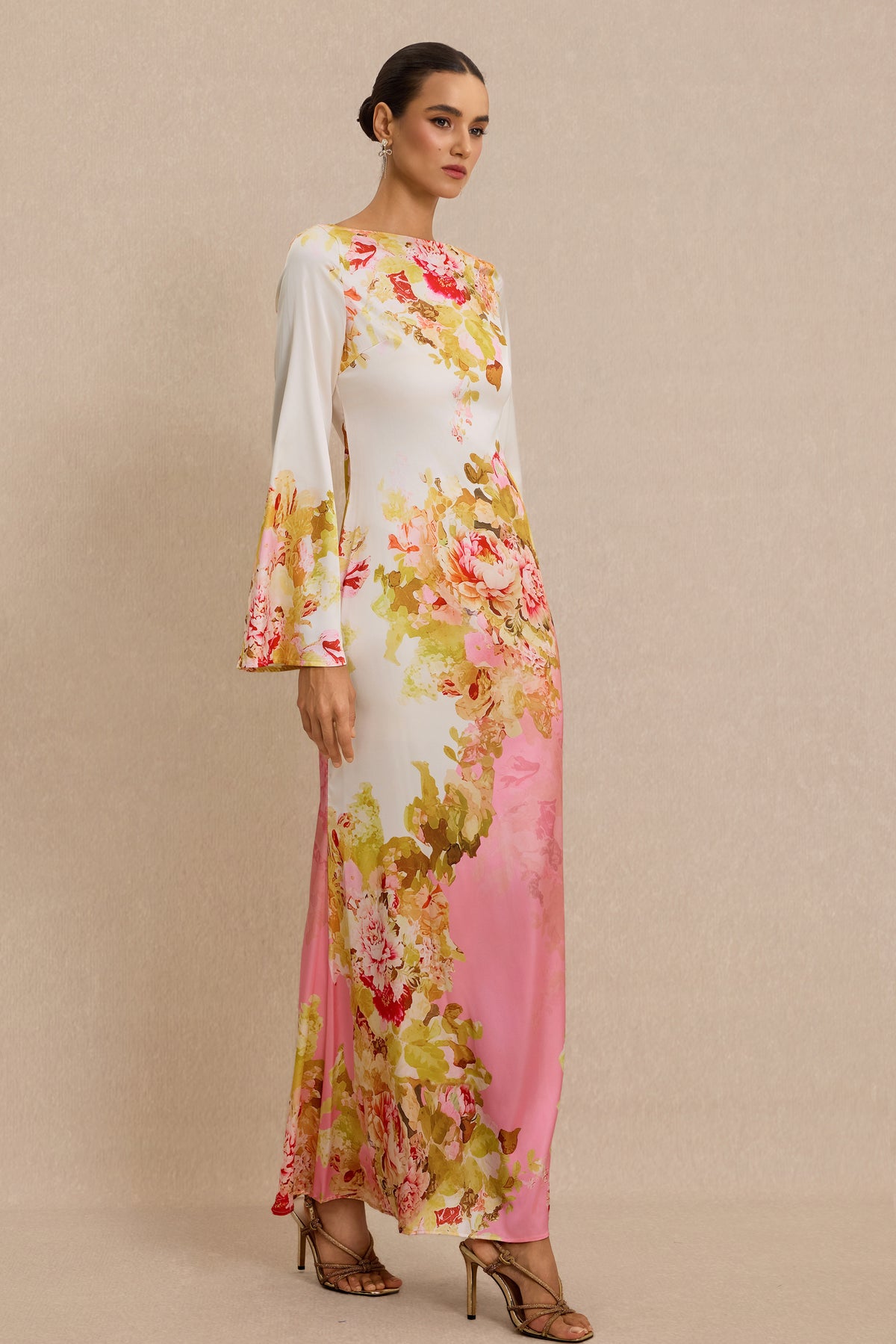 Floral Bell Sleeve Boat Neck Maxi Dress