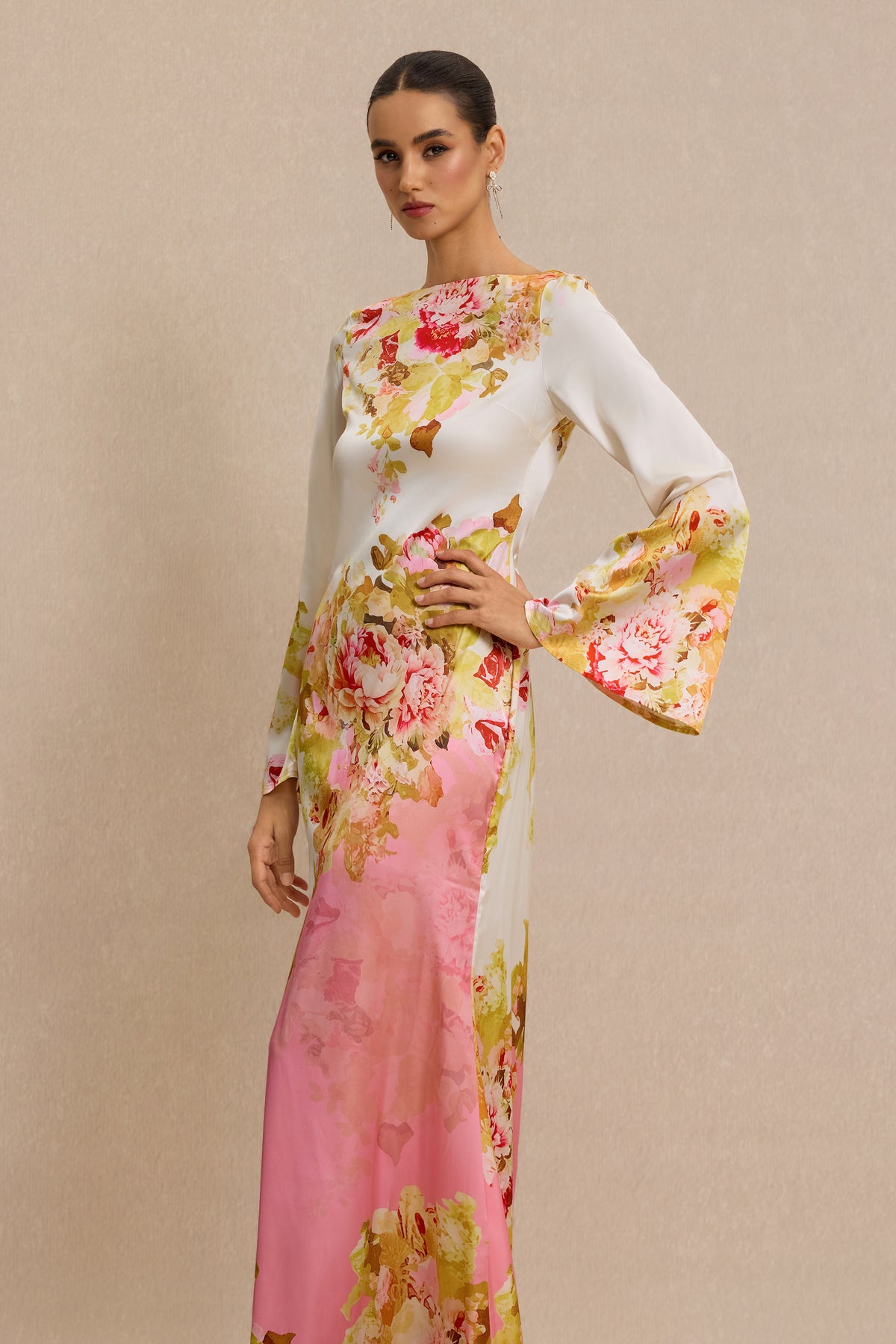 Floral Bell Sleeve Boat Neck Maxi Dress