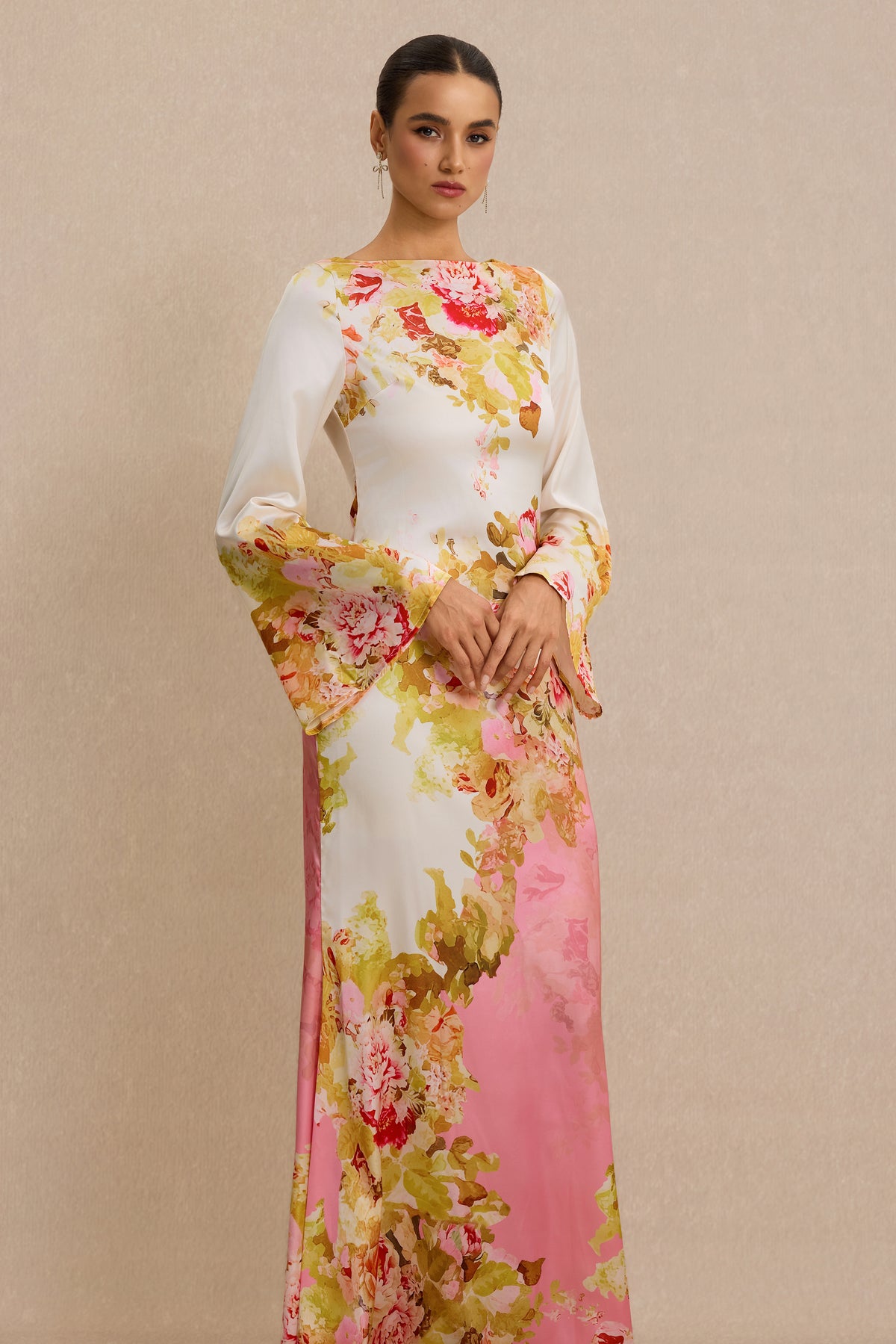 Floral Bell Sleeve Boat Neck Maxi Dress
