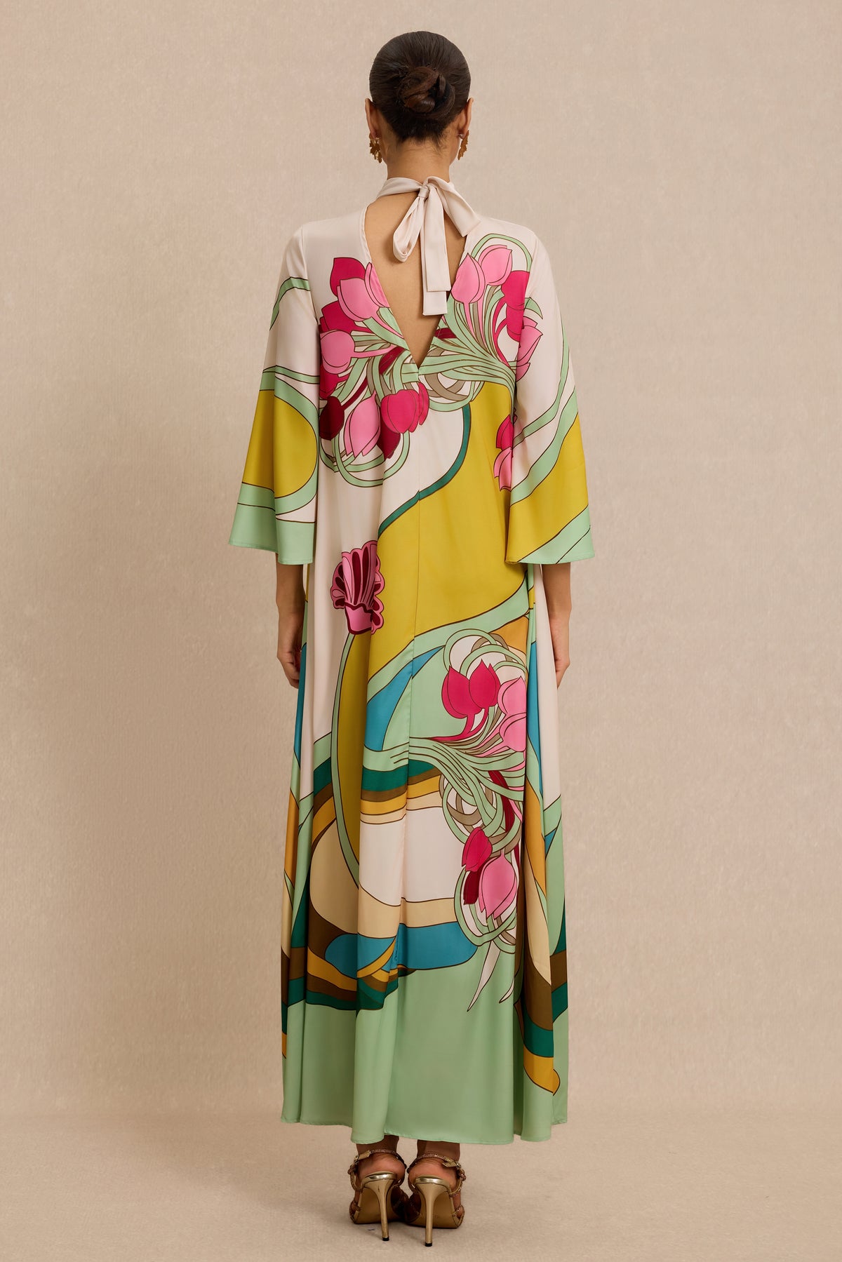 Satin Paisley Print  Bell Sleeve Midi Dress