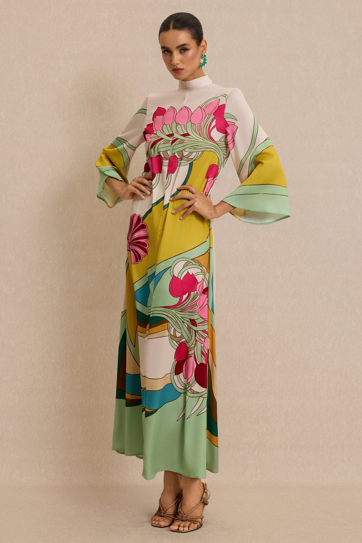 Satin Paisley Print  Bell Sleeve Midi Dress