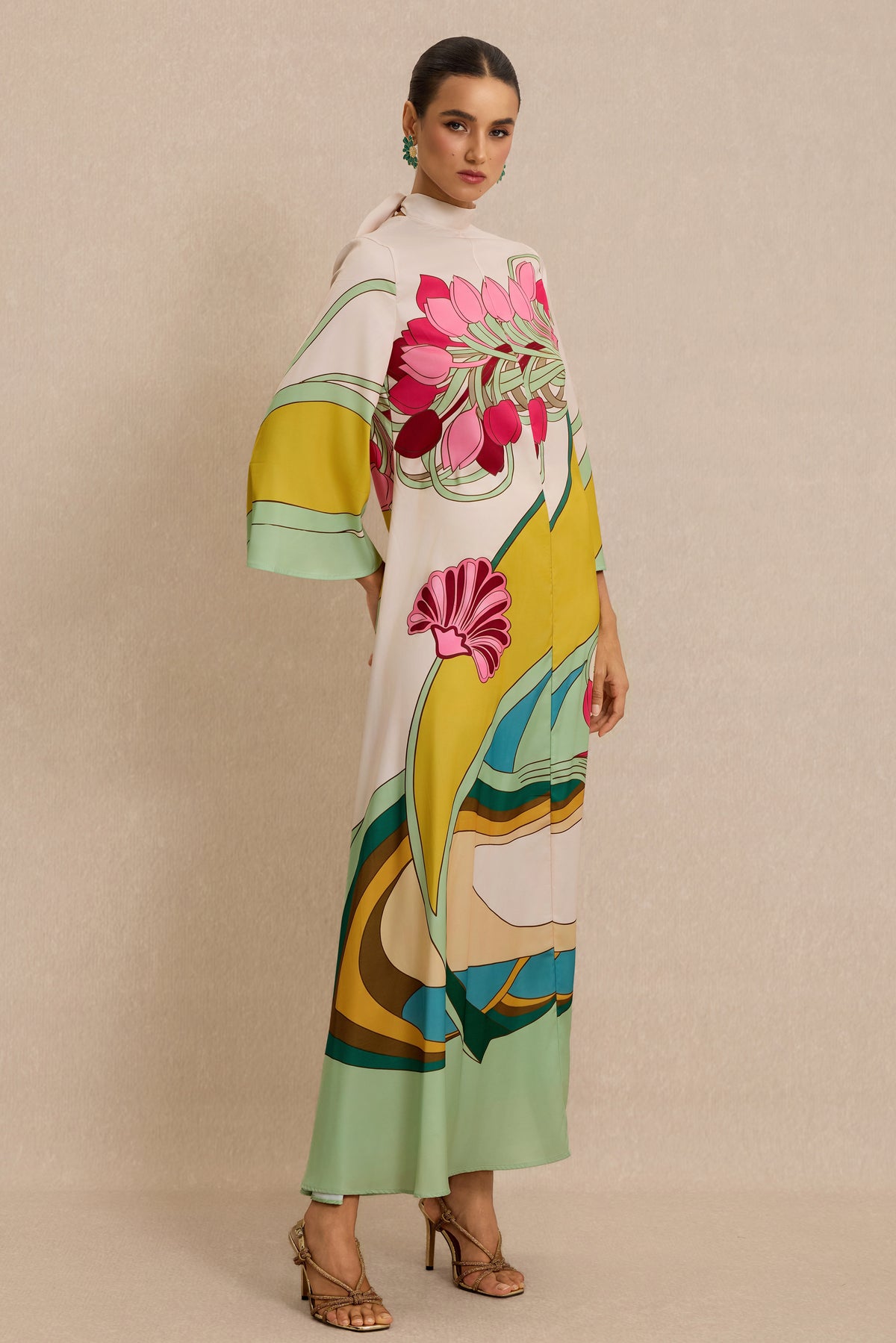 Satin Paisley Print  Bell Sleeve Midi Dress