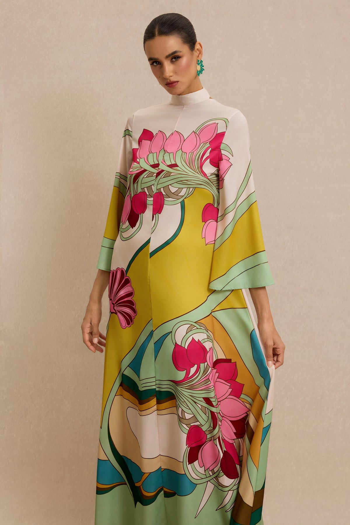 Satin Paisley Print  Bell Sleeve Midi Dress