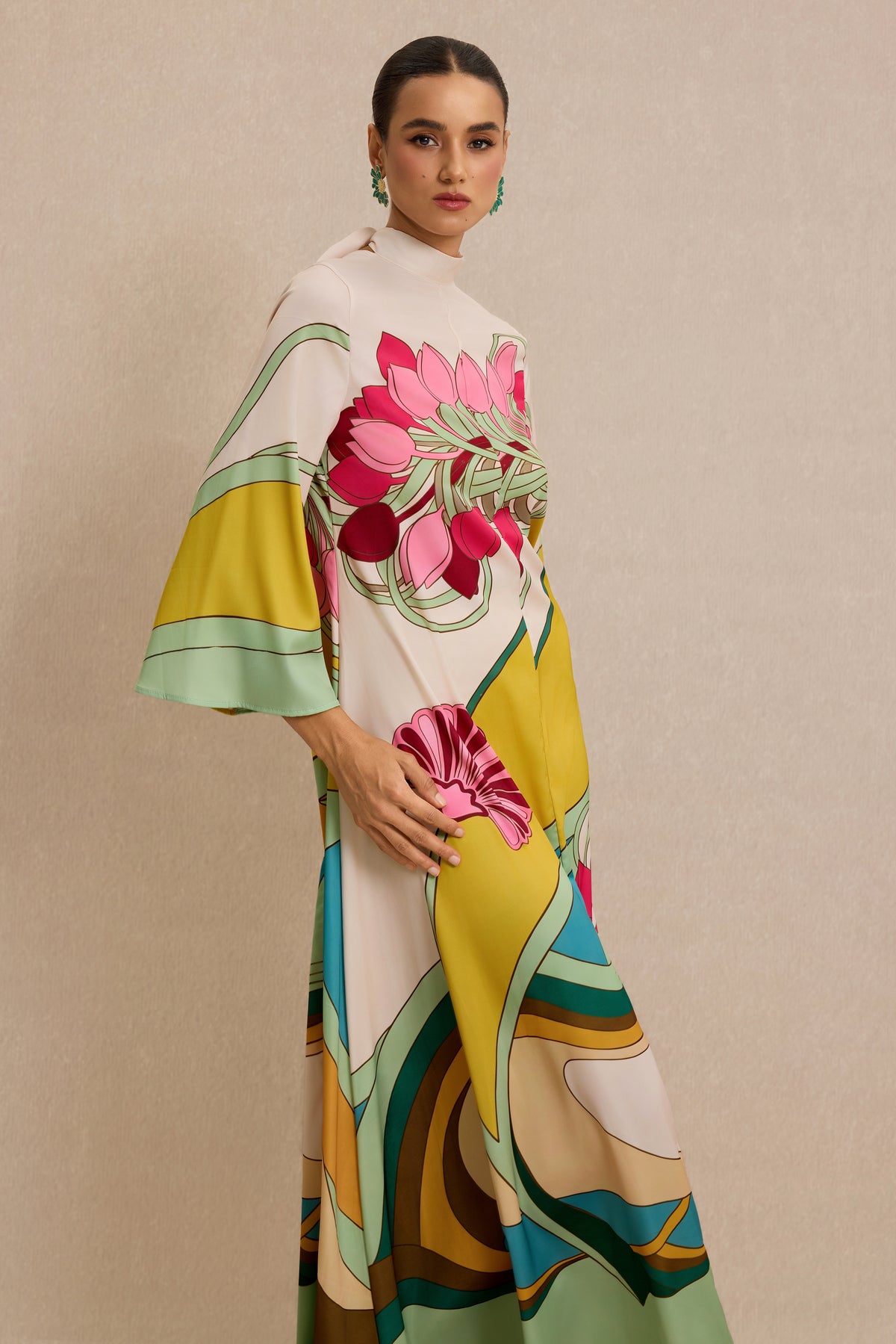 Satin Paisley Print  Bell Sleeve Midi Dress