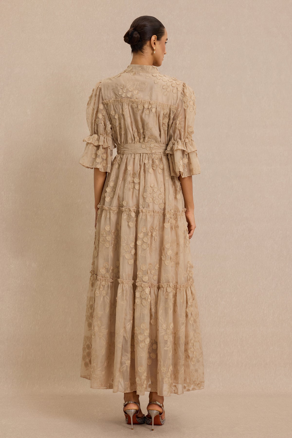 Embroidered Ruffle Midi Dress With Belt