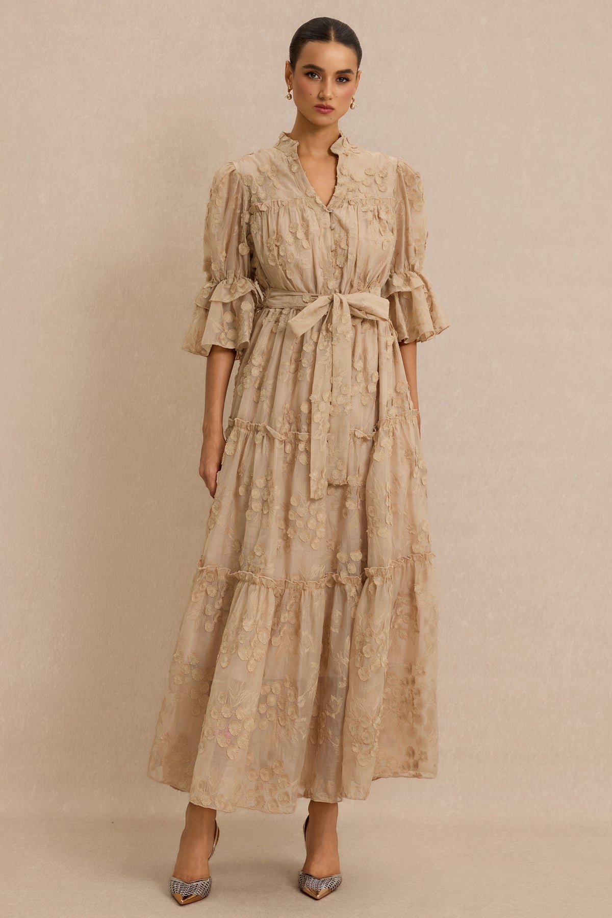 Embroidered Ruffle Midi Dress With Belt