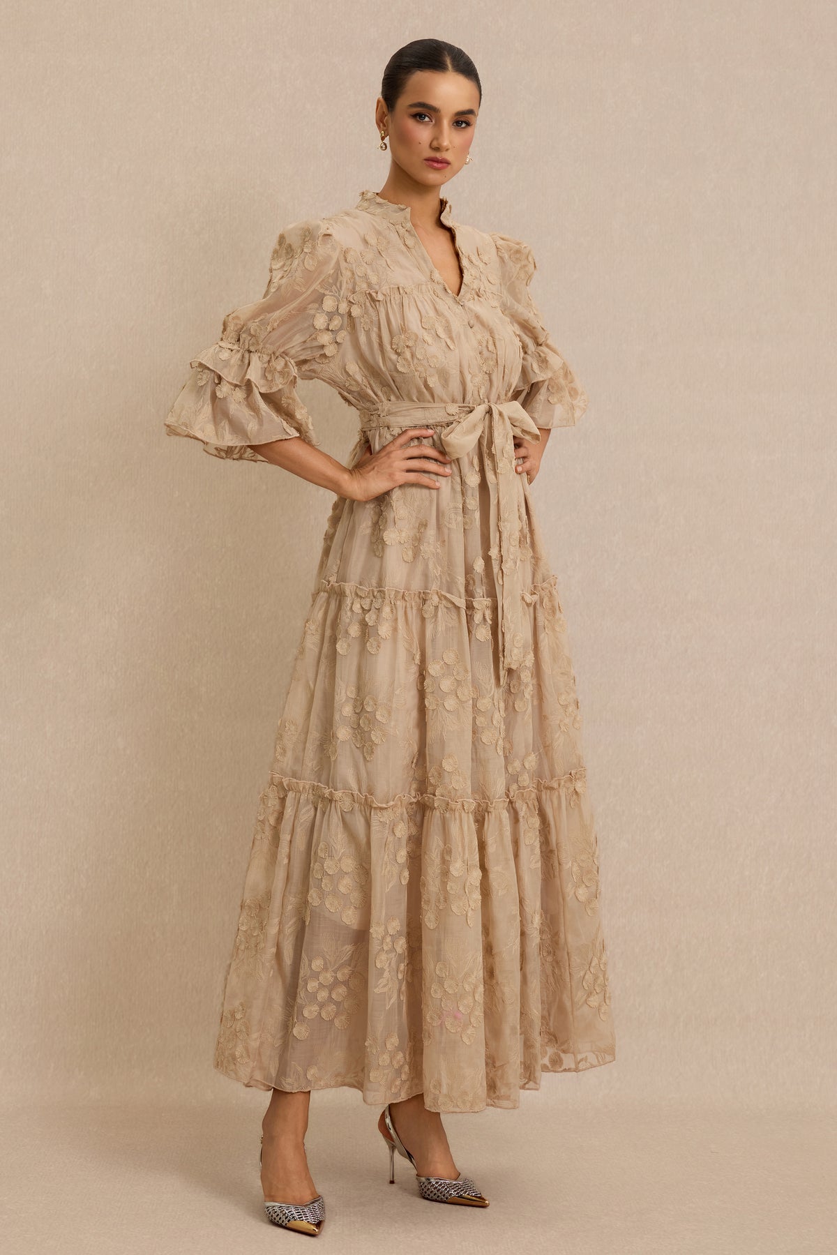Embroidered Ruffle Midi Dress With Belt