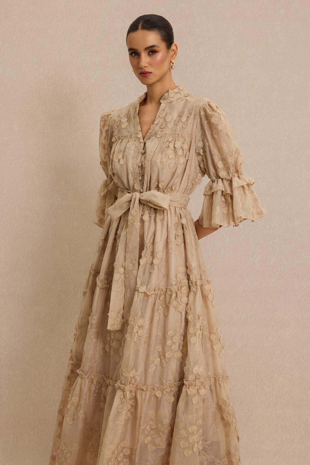 Embroidered Ruffle Midi Dress With Belt