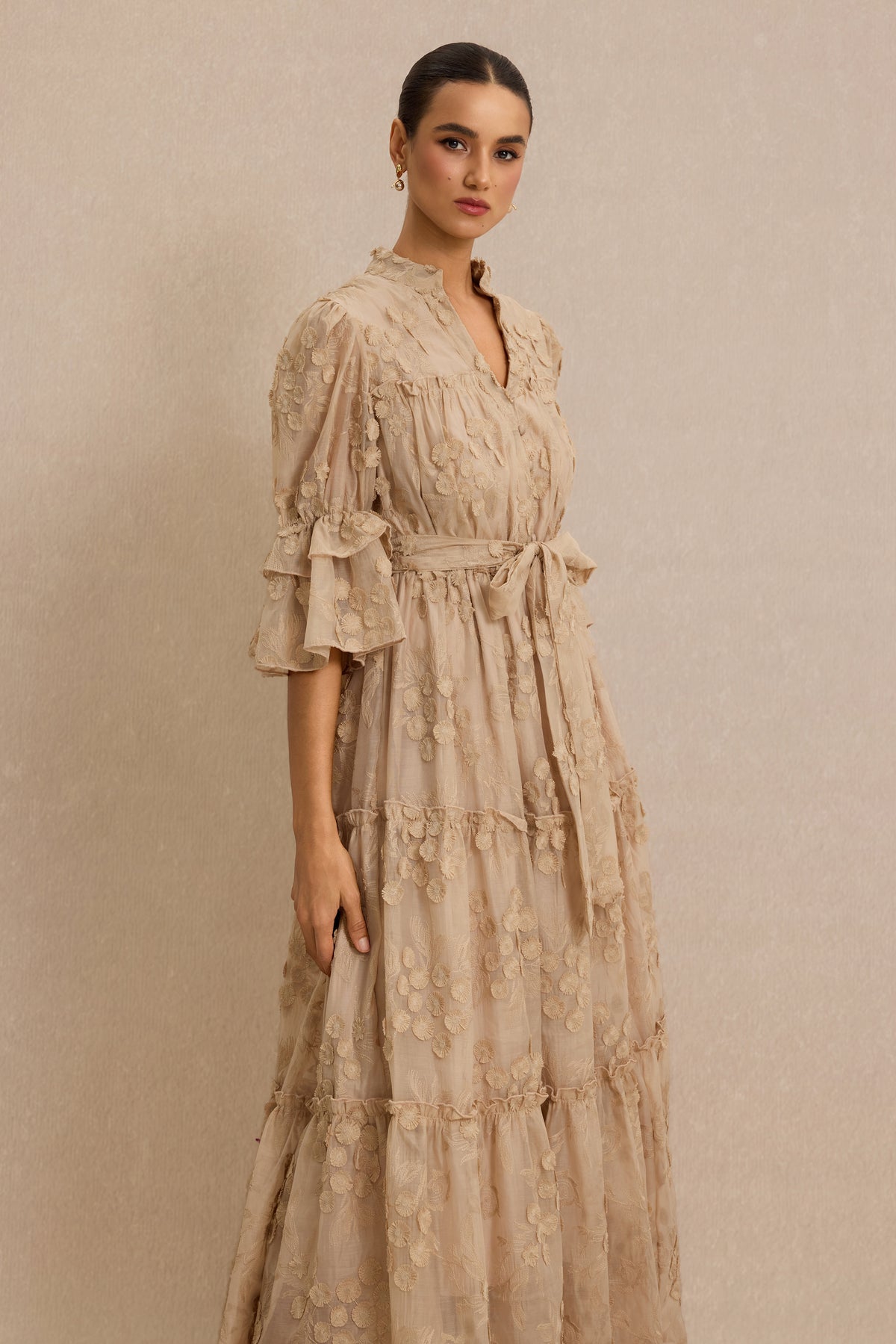 Embroidered Ruffle Midi Dress With Belt