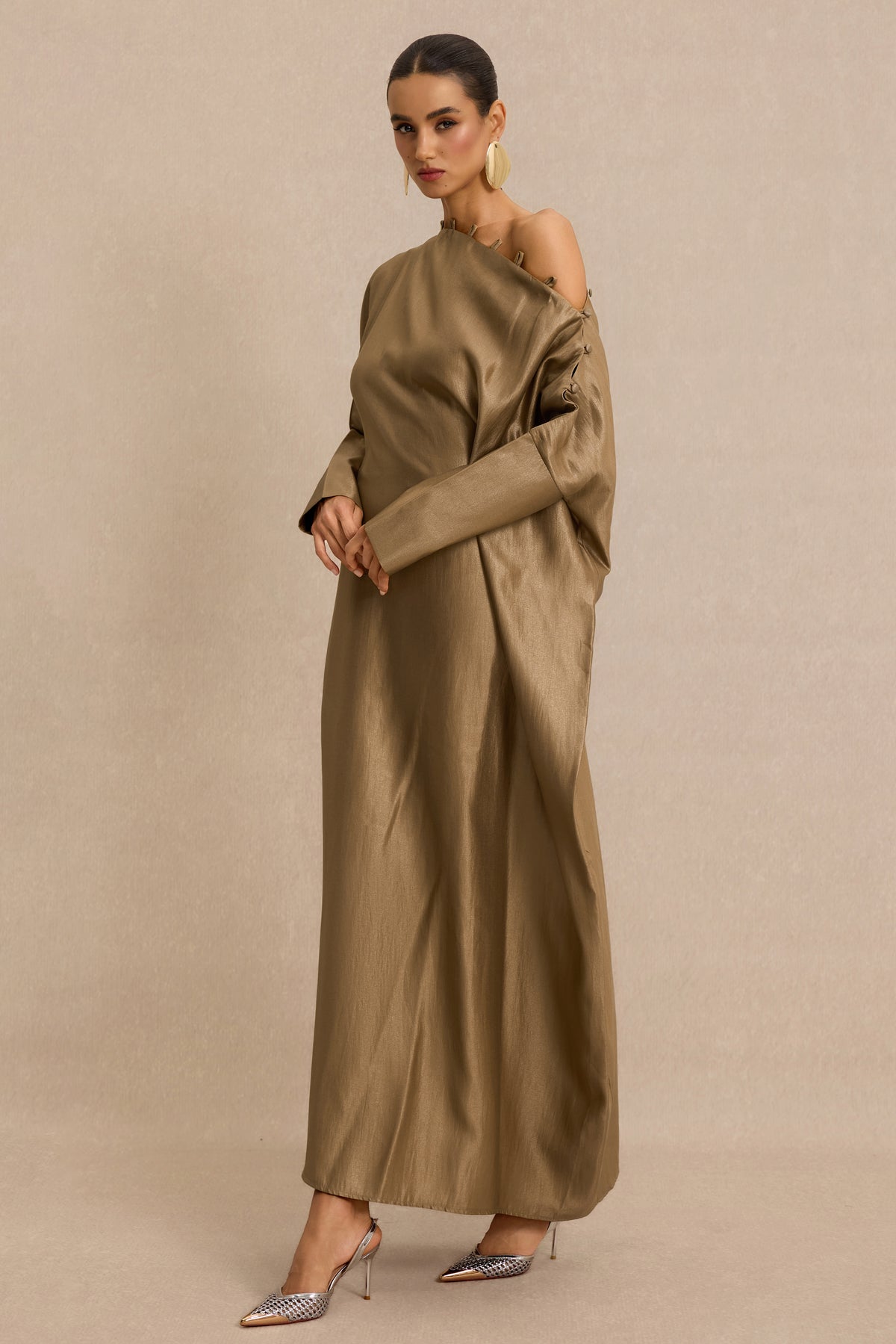 Button Decorations Long Sleeve Maxi Dress