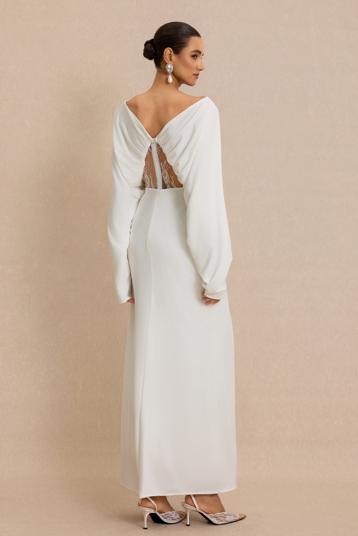 Lace Faux Pearl Gathering Maxi Dress