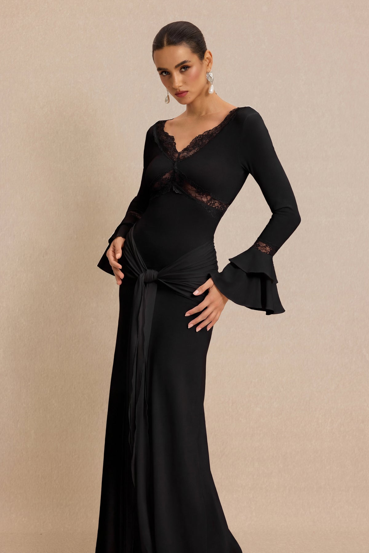 Lace Splicing Jersey Frill Maxi Dress