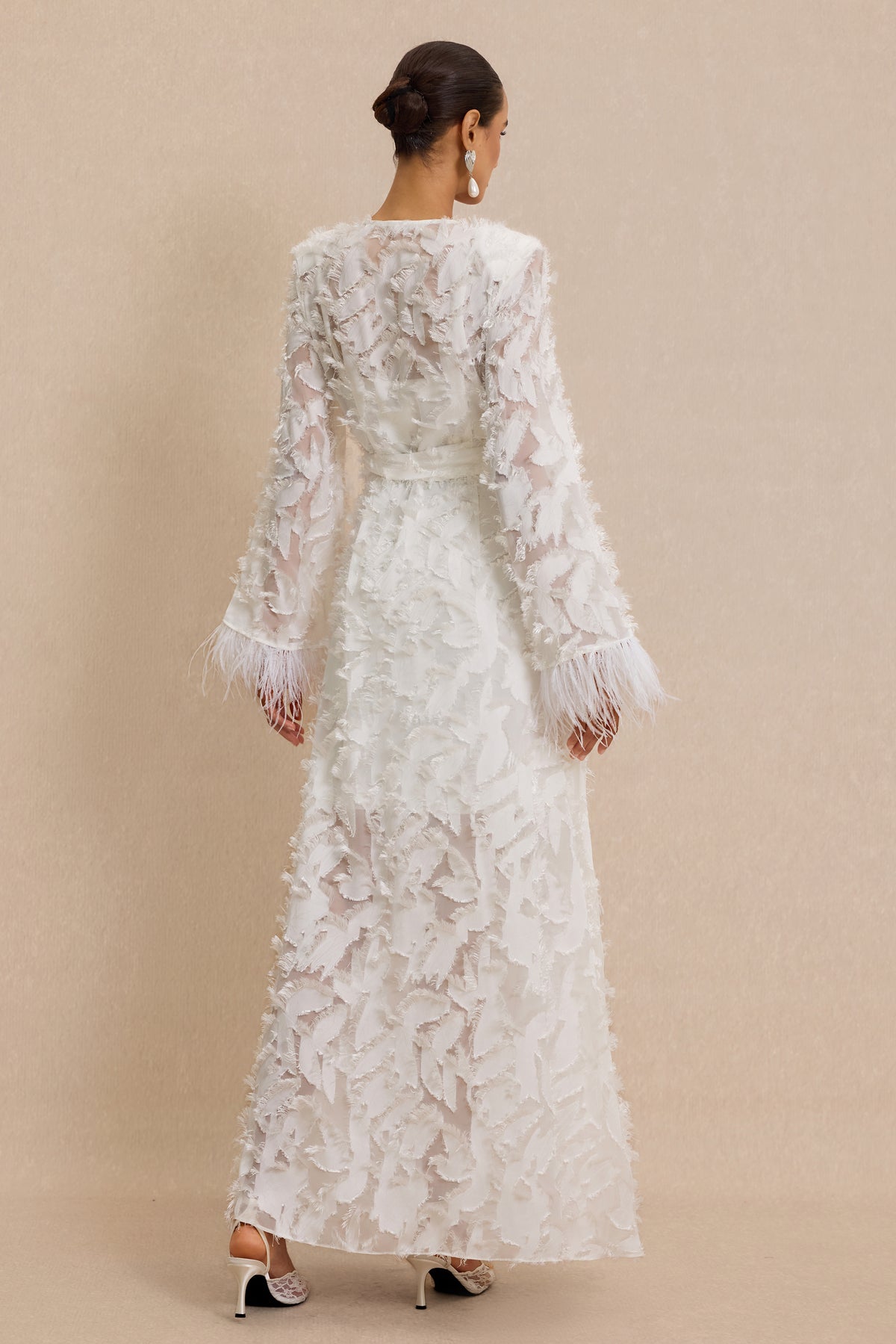 Jacquard Bell Sleeve Feather Midi Dress