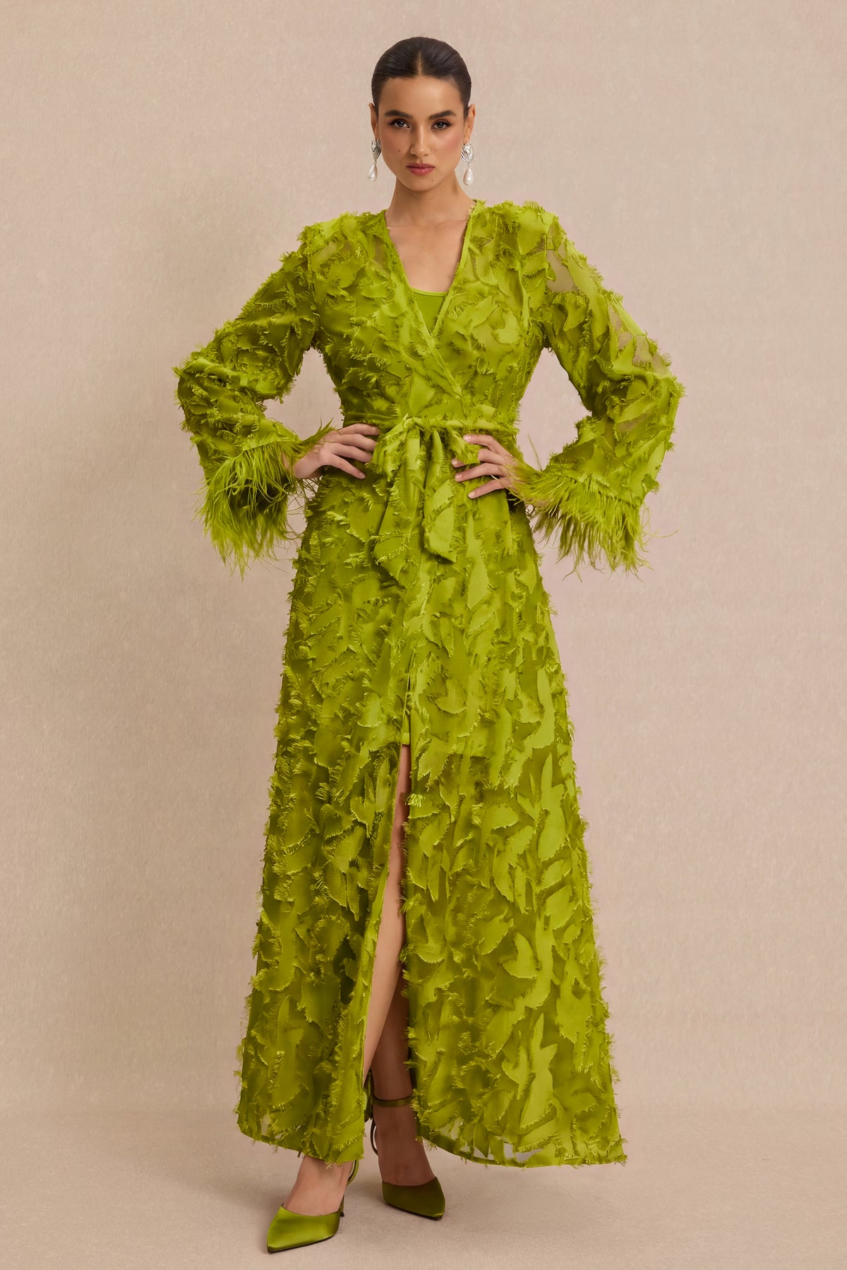 Jacquard Bell Sleeve Feather Midi Dress