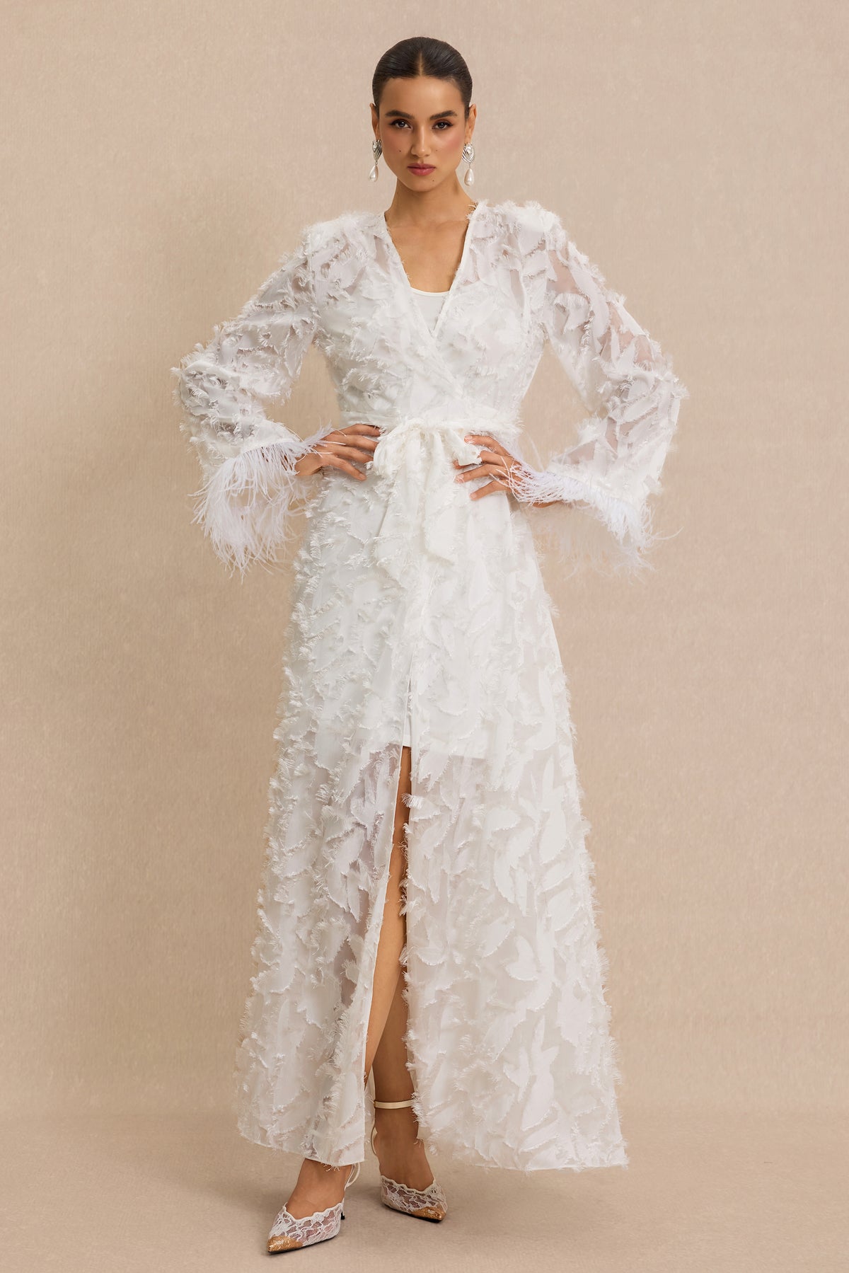 Jacquard Bell Sleeve Feather Midi Dress