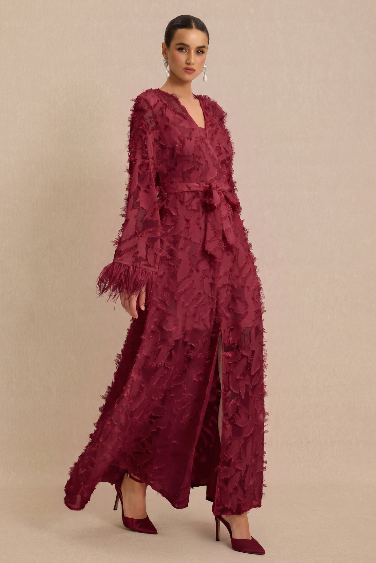 Jacquard Bell Sleeve Feather Midi Dress