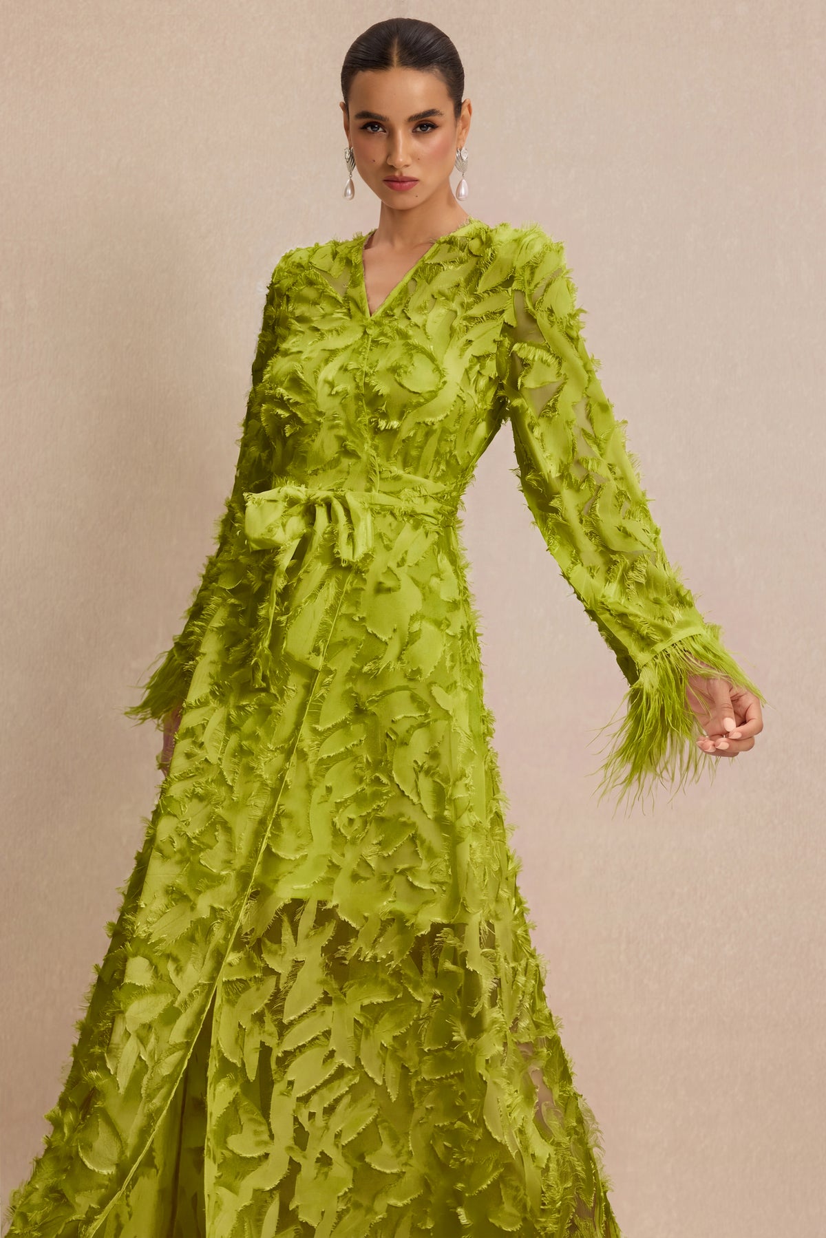 Jacquard Bell Sleeve Feather Midi Dress