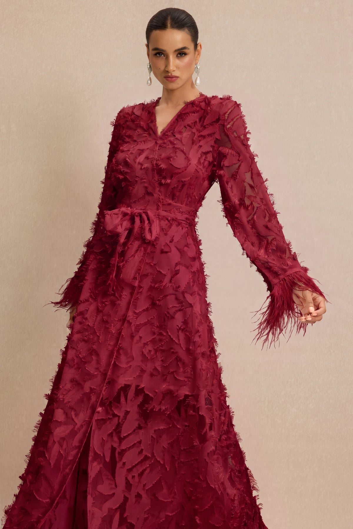 Jacquard Bell Sleeve Feather Midi Dress