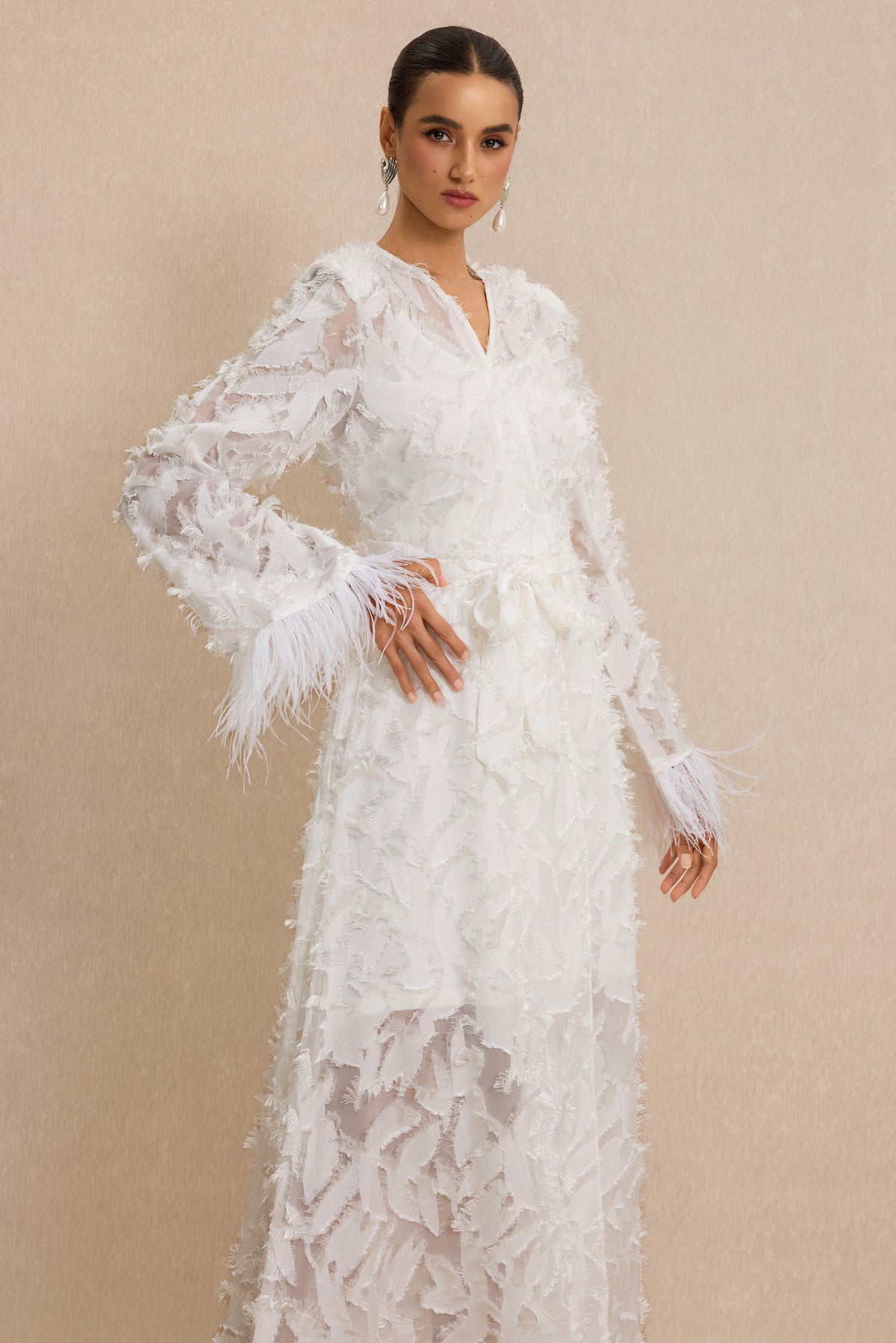 Jacquard Bell Sleeve Feather Midi Dress