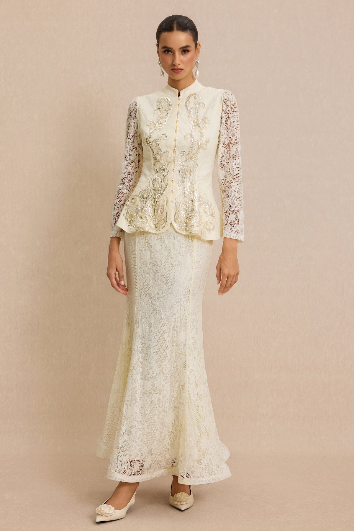 Lace Nail Bead Embroidery Top & Midi Skirt Set
