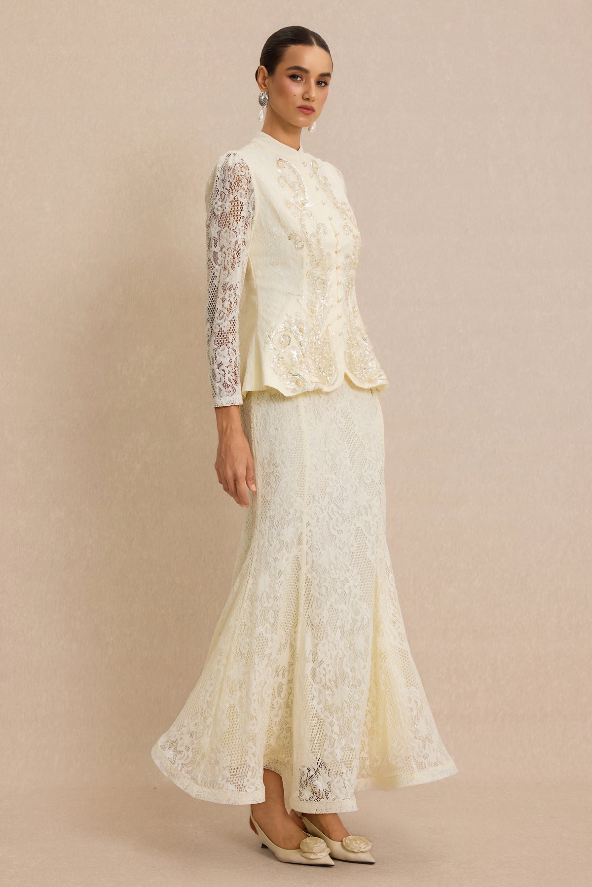 Lace Nail Bead Embroidery Top & Midi Skirt Set