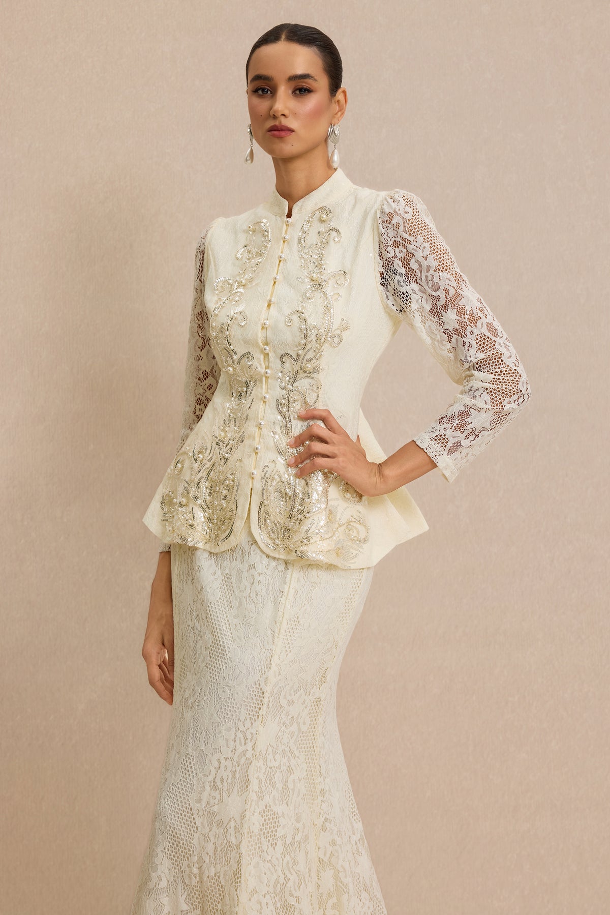 Lace Nail Bead Embroidery Top & Midi Skirt Set