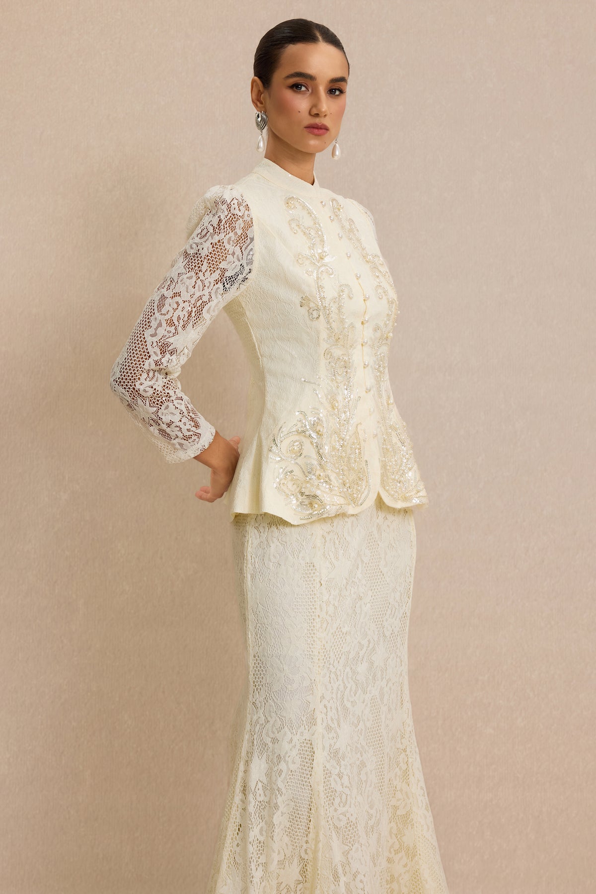 Lace Nail Bead Embroidery Top & Midi Skirt Set