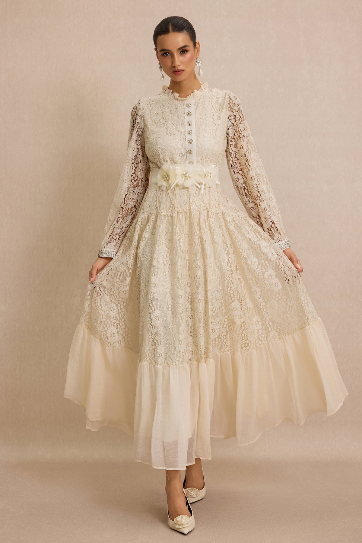 Lace 3D Flower Rhinestone Rivets Midi Dress