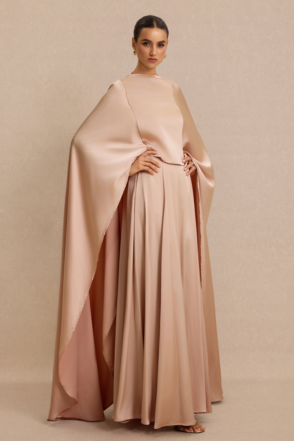 Satin Top & Maxi Dress Set With Cape
