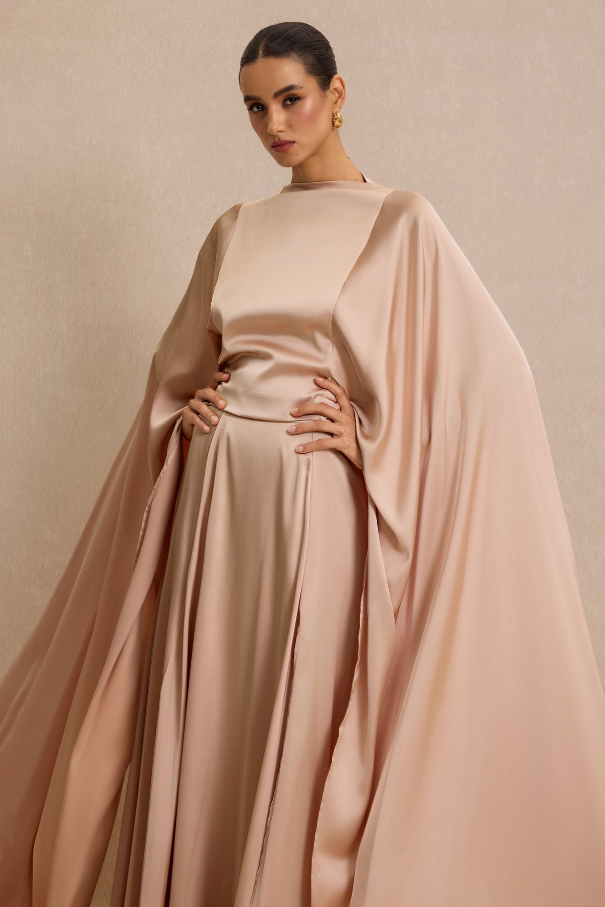 Satin Top & Maxi Dress Set With Cape