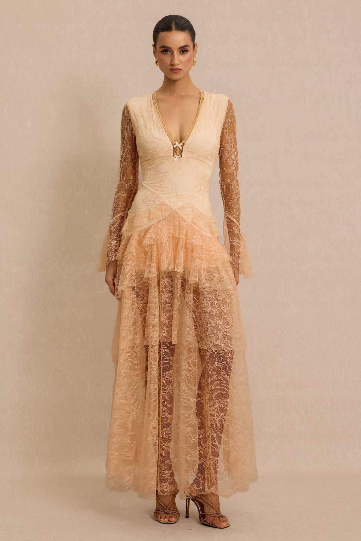 Lace Ruffle Bell Sleeve Maxi Dress