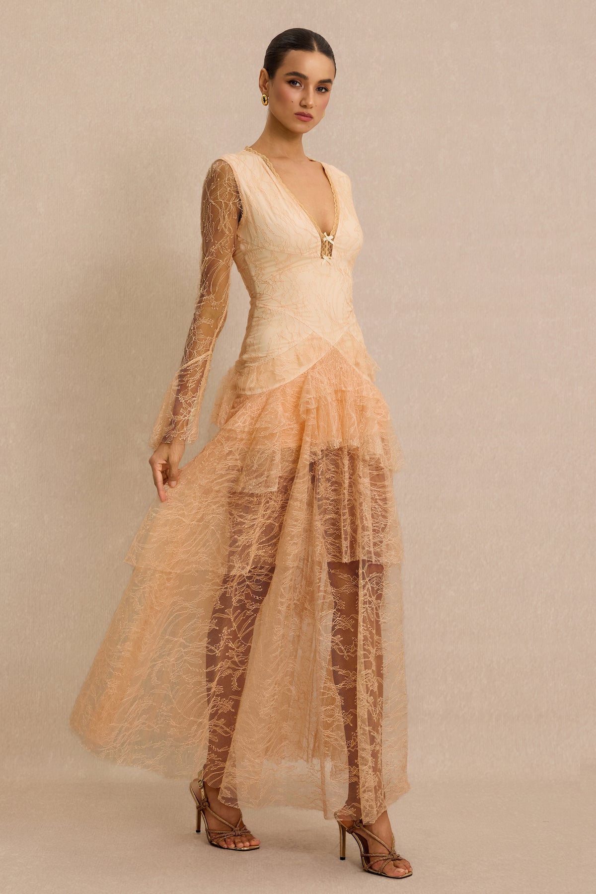 Lace Ruffle Bell Sleeve Maxi Dress