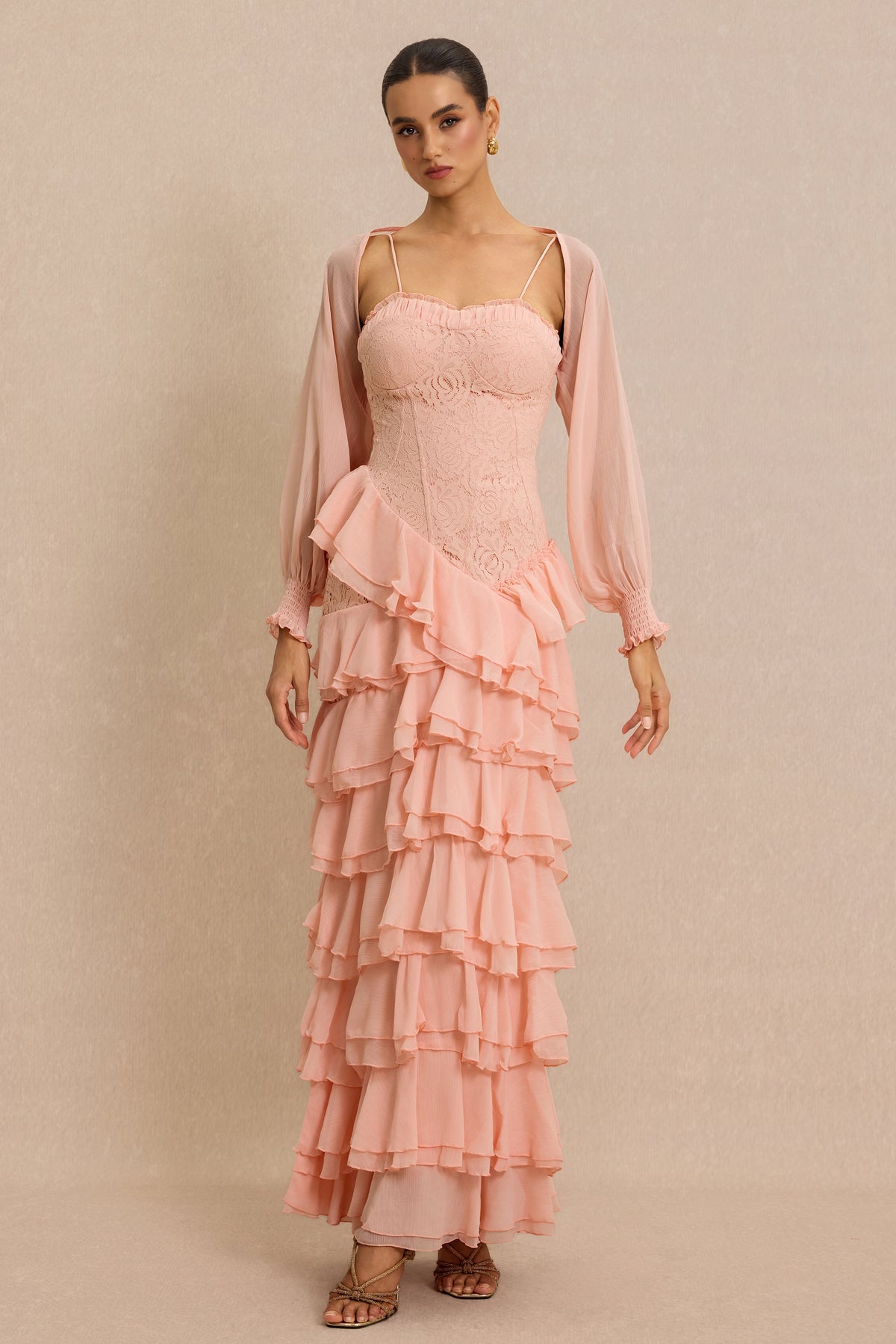 Lace Ruffle Sweetheart Neck Maxi Dress