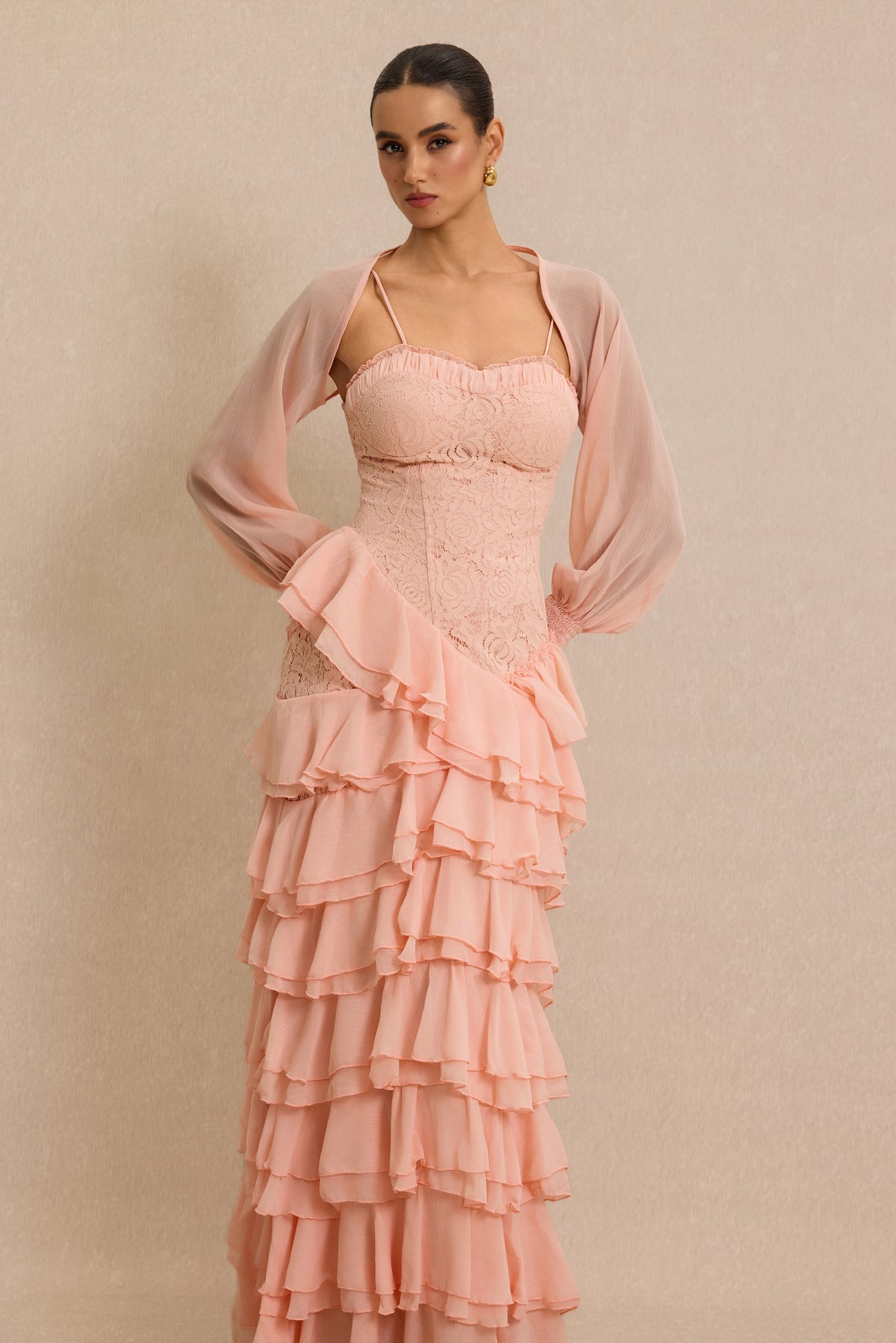 Lace Ruffle Sweetheart Neck Maxi Dress