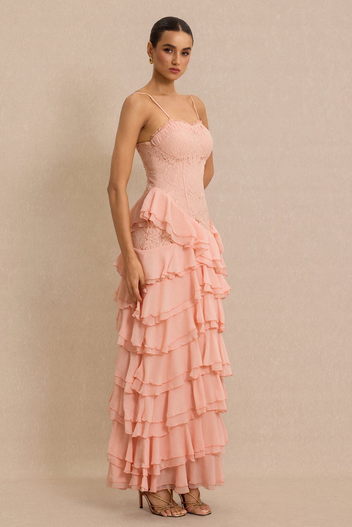 Lace Ruffle Sweetheart Neck Maxi Dress
