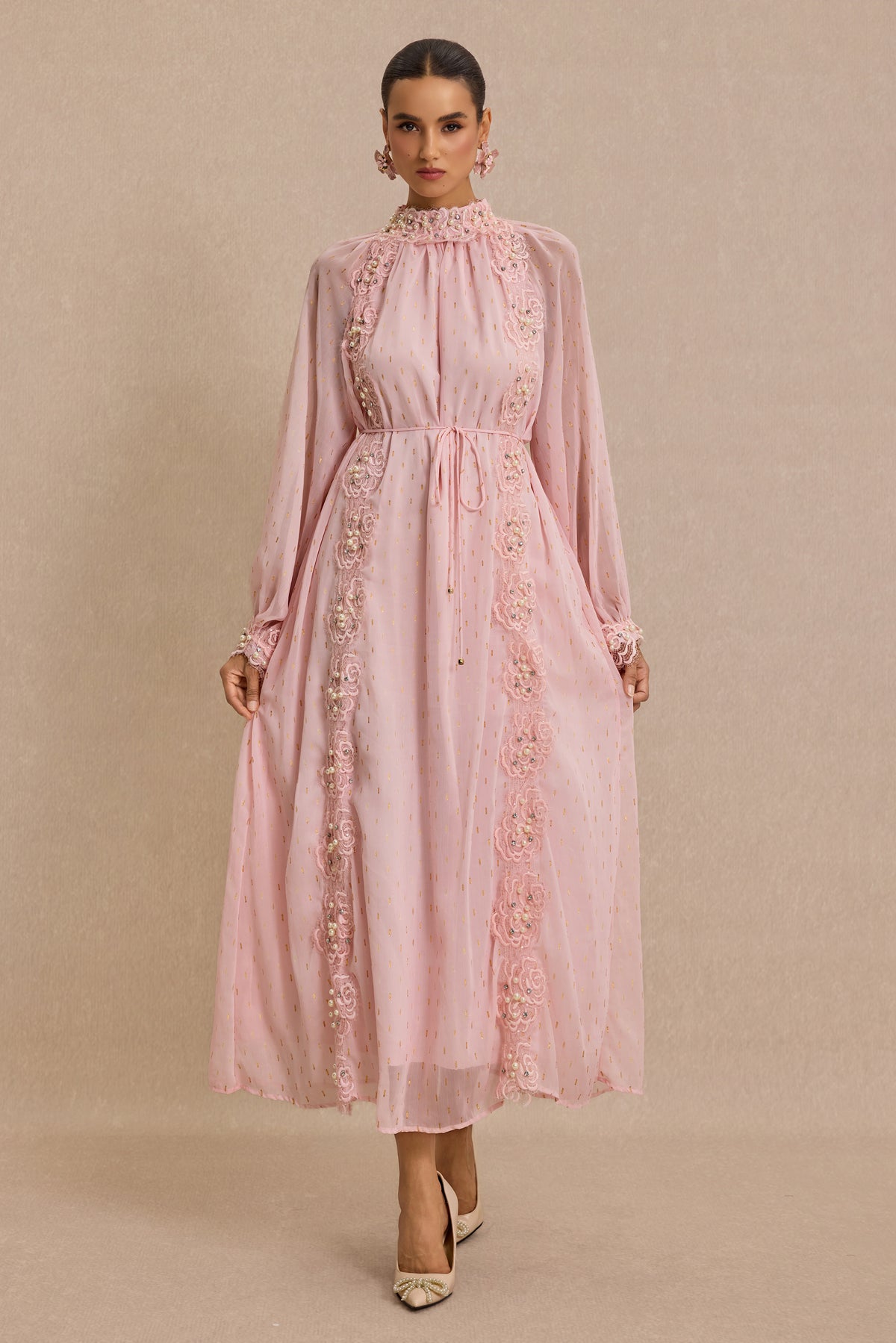 Luxury Embroidered Faux Pearl Maxi Dress