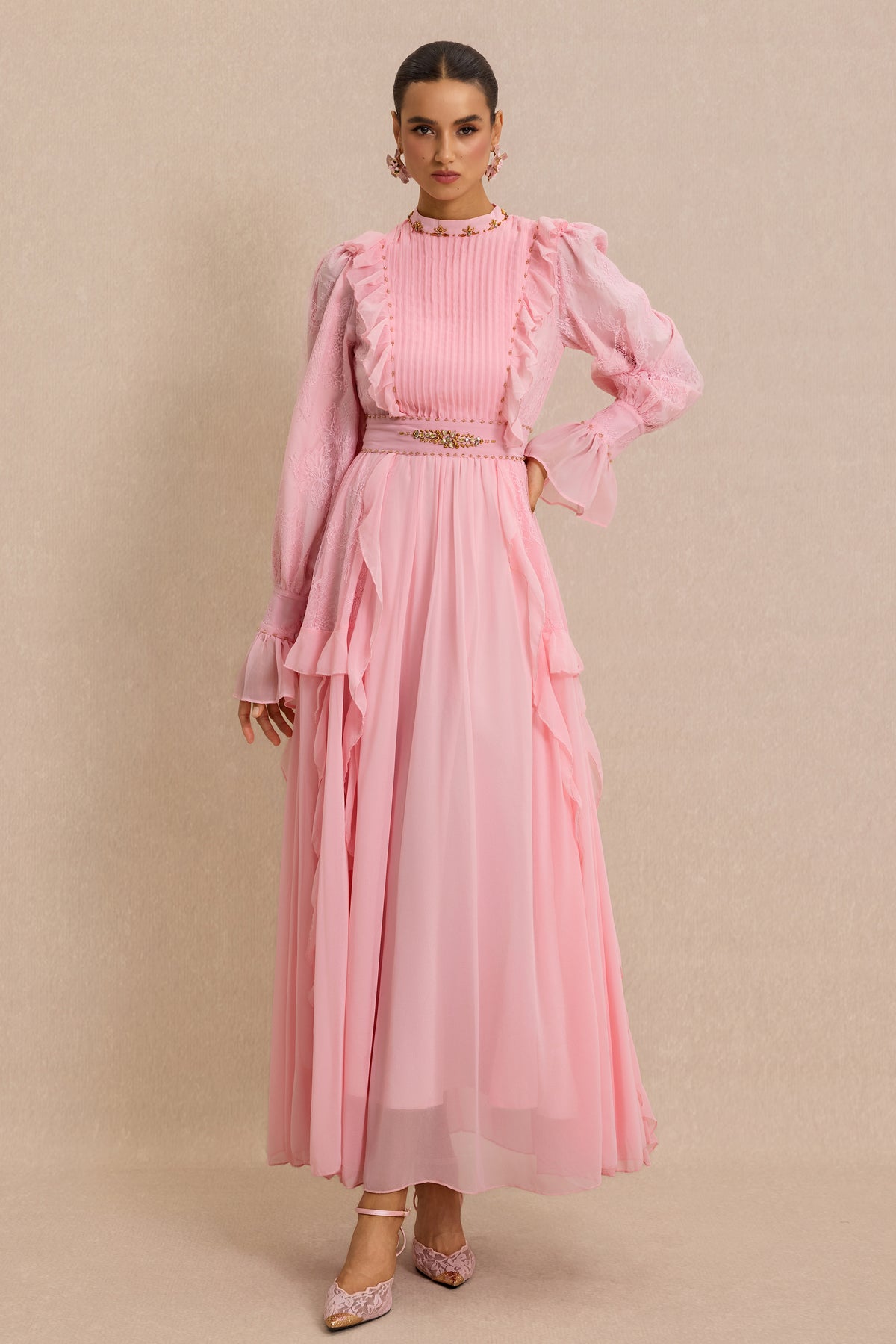 Beaded Frill Midi Dress With Belt