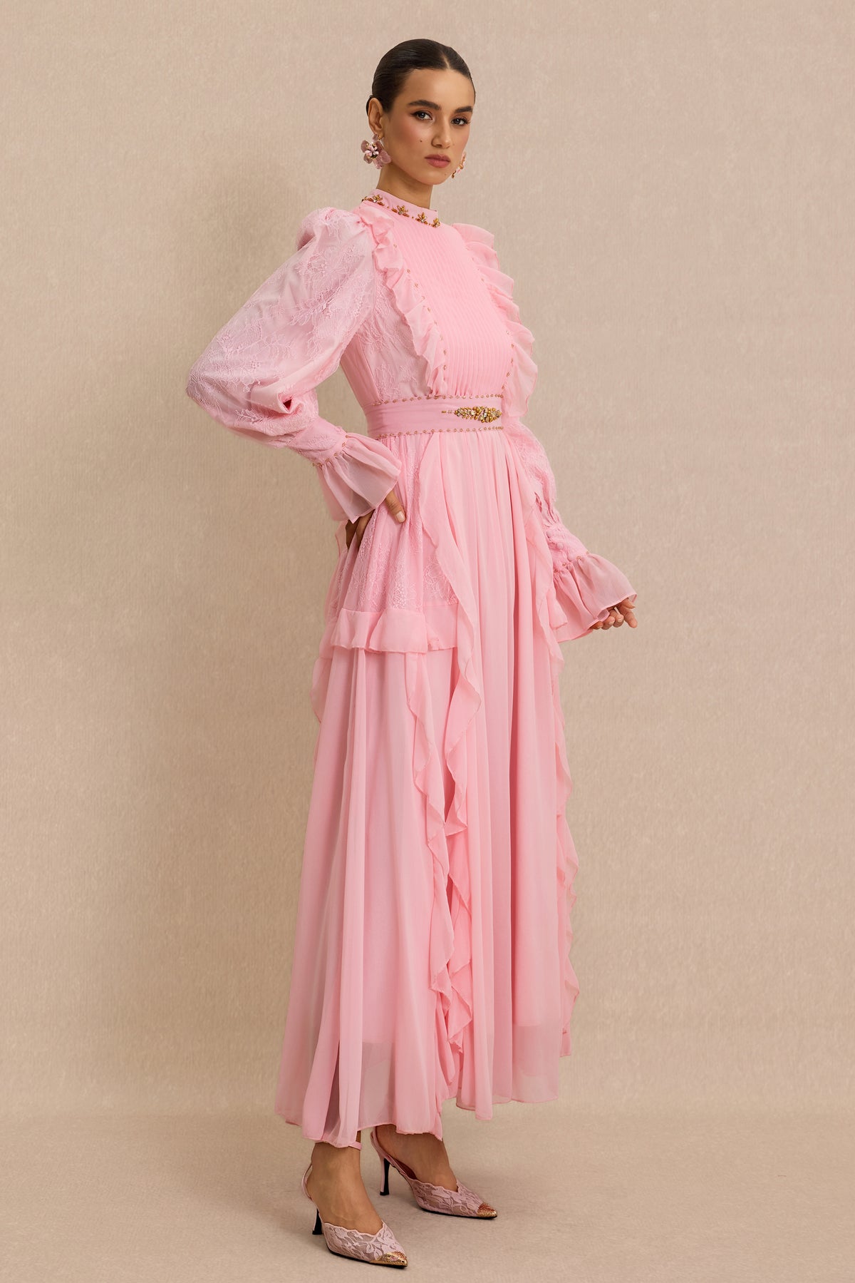 Beaded Frill Midi Dress With Belt