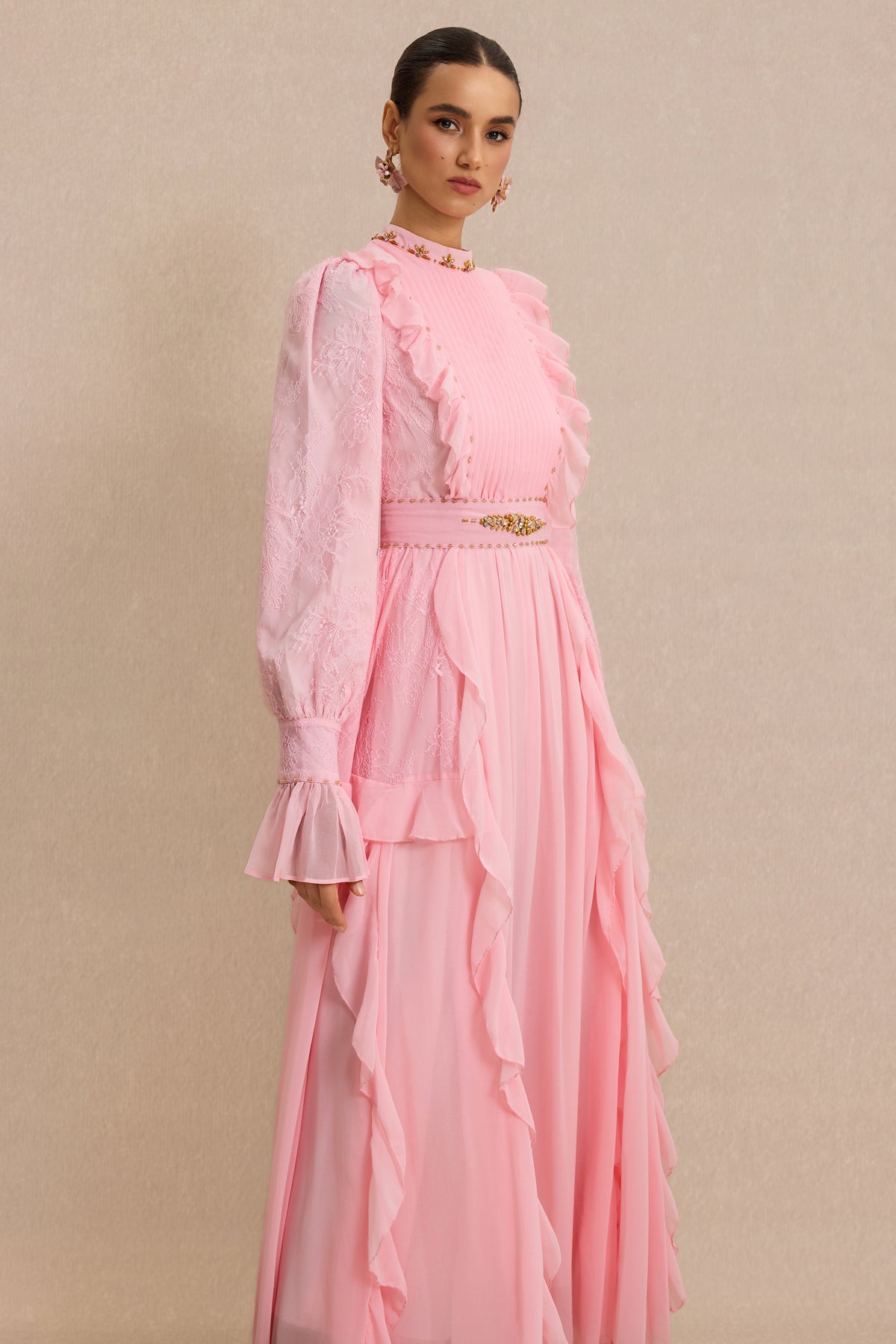 Beaded Frill Midi Dress With Belt