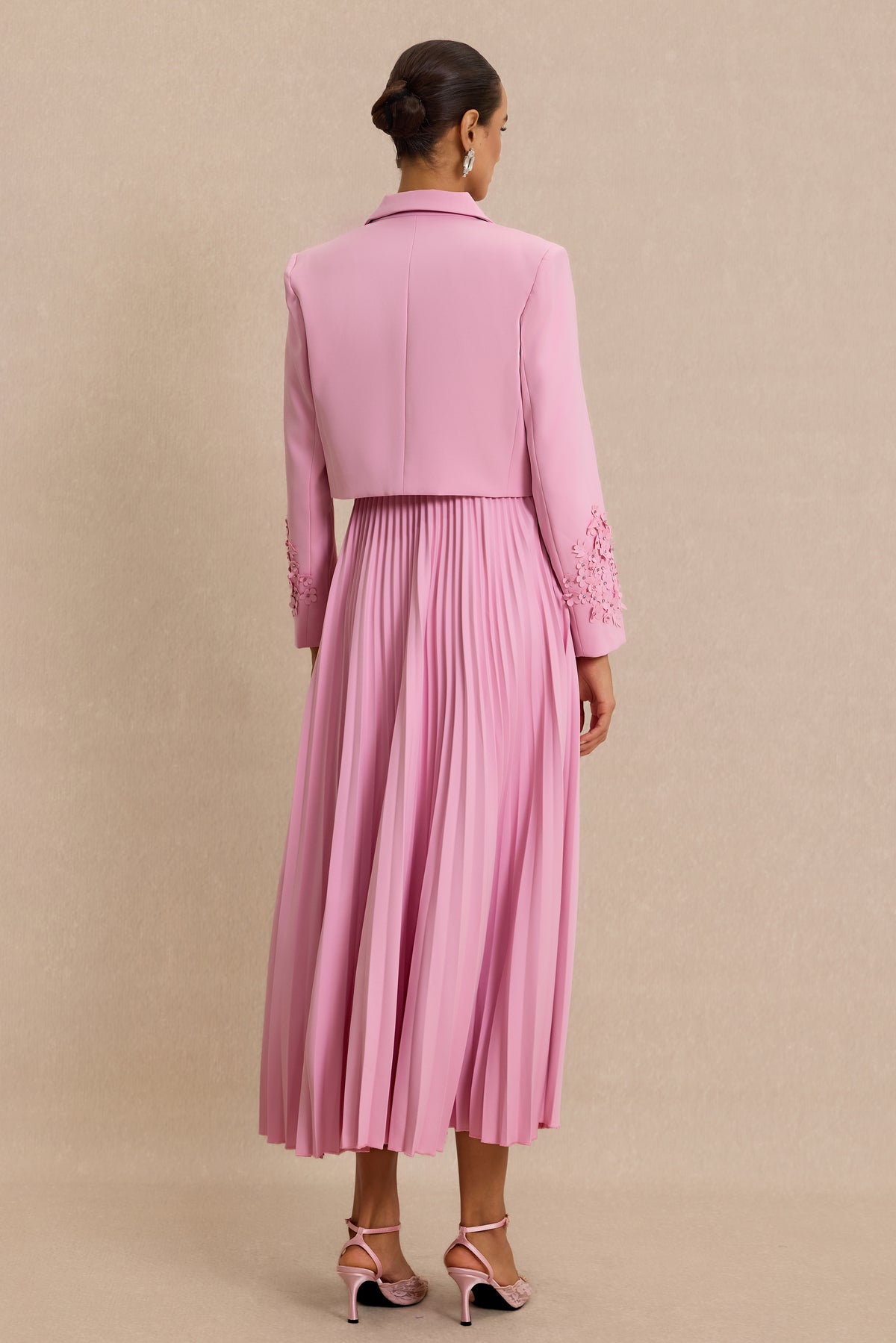 Flapped 3D Flower Blazer & Slip Midi Dress Set