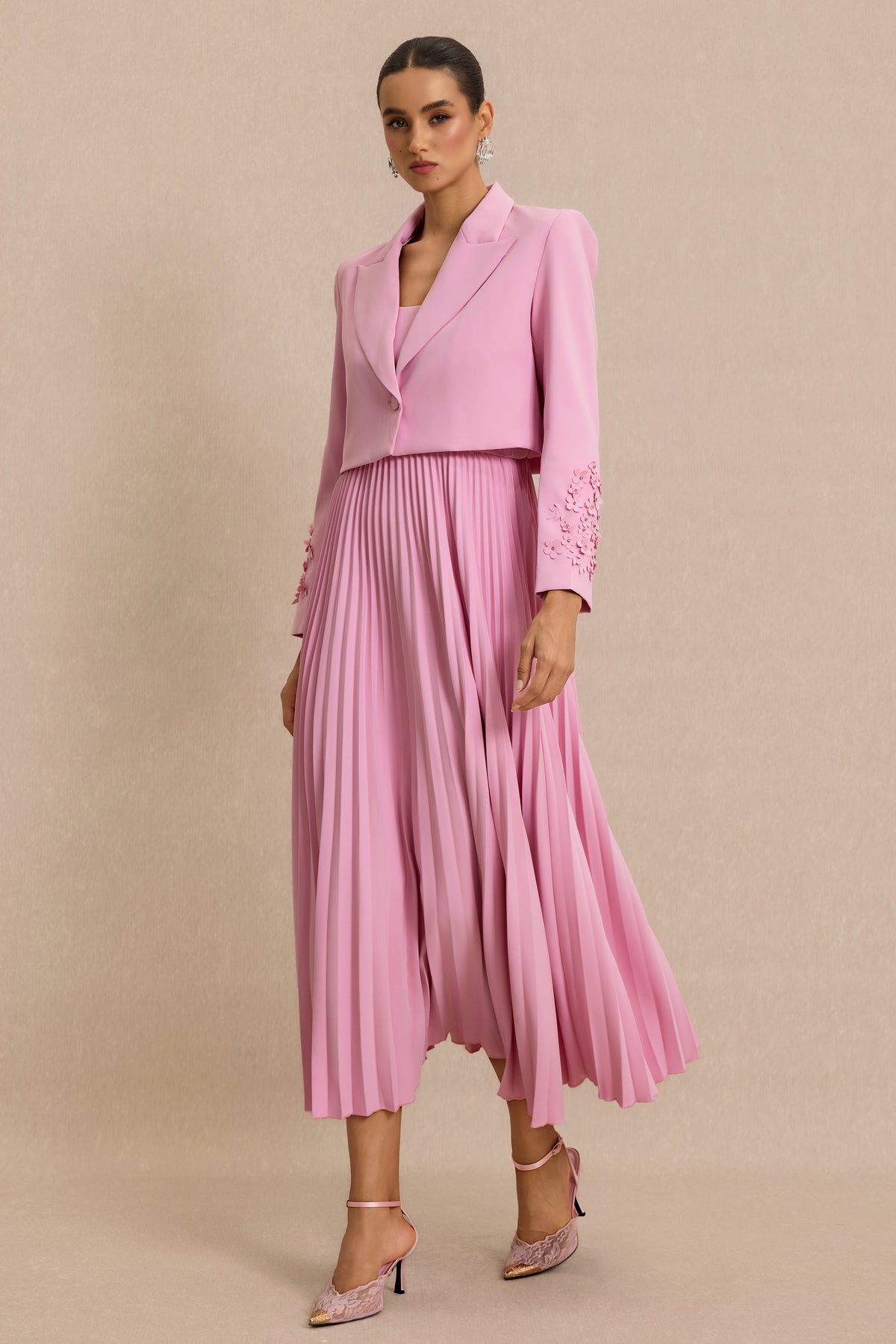 Flapped 3D Flower Blazer & Slip Midi Dress Set